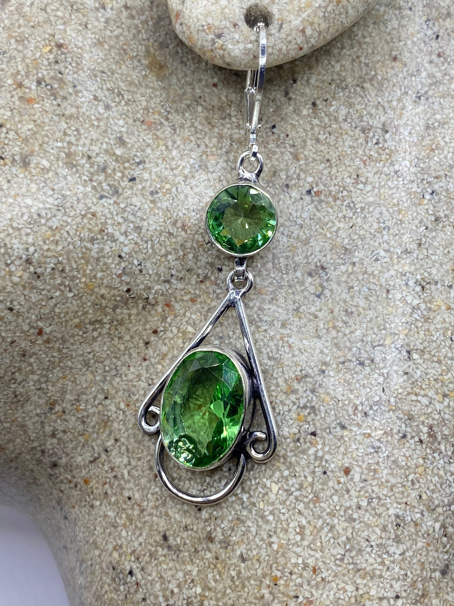 Antique Vintage Green Peridot Glass Silver Dangle Earrings