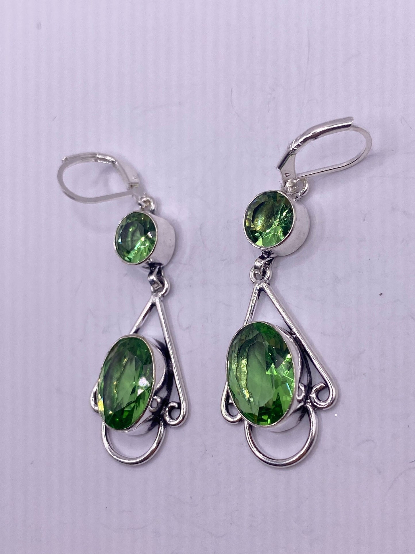 Antique Vintage Green Peridot Glass Silver Dangle Earrings