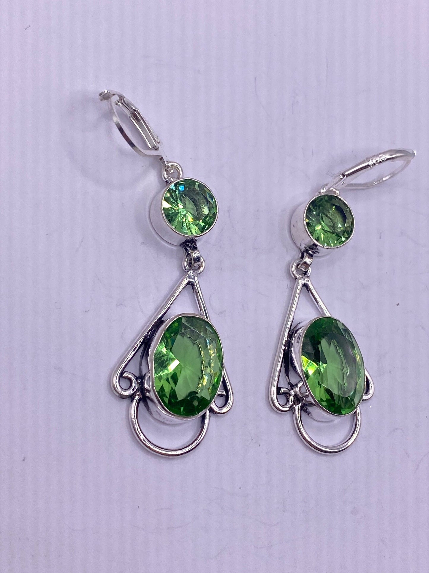 Antique Vintage Green Peridot Glass Silver Dangle Earrings