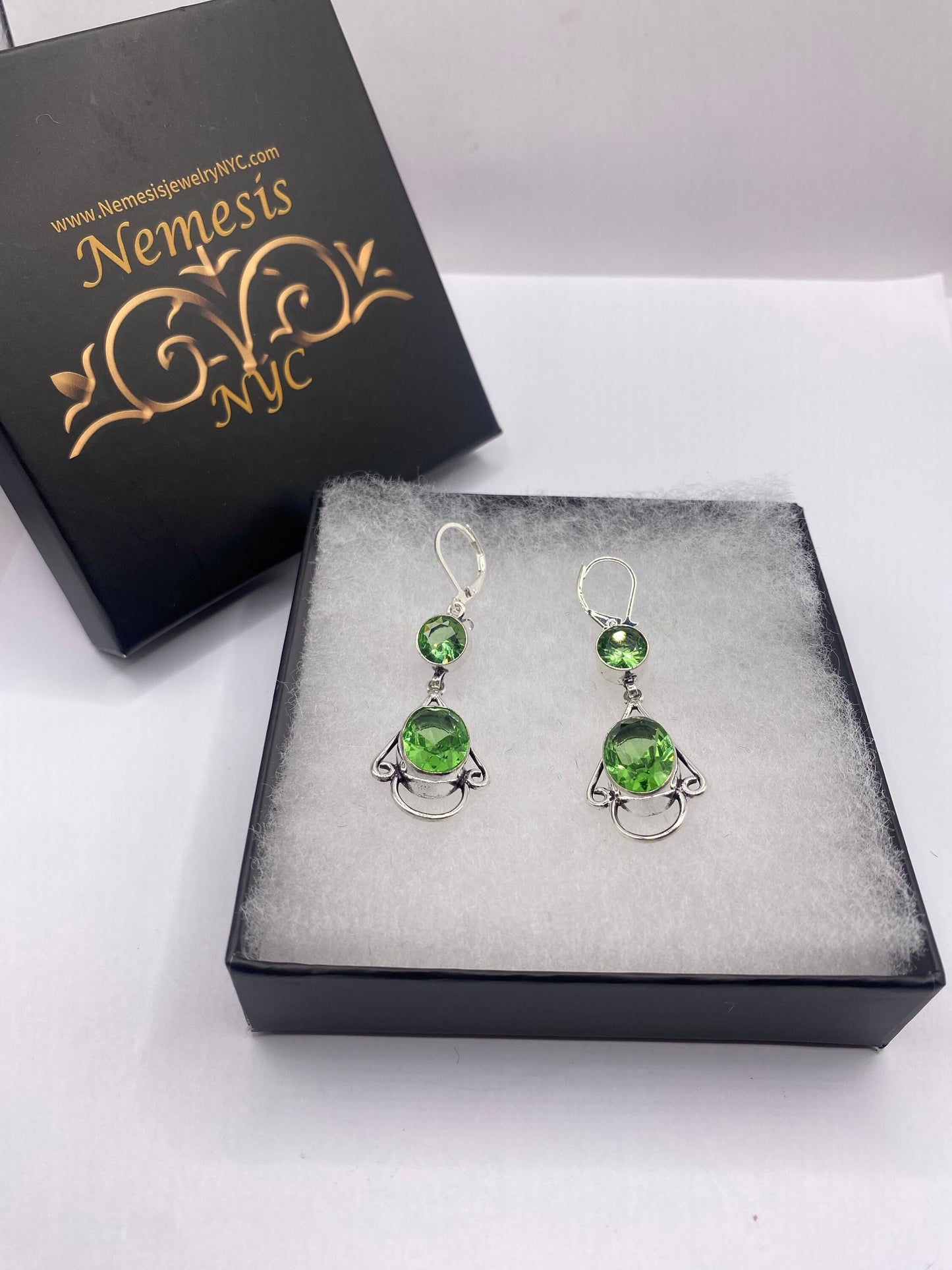 Antique Vintage Green Peridot Glass Silver Dangle Earrings