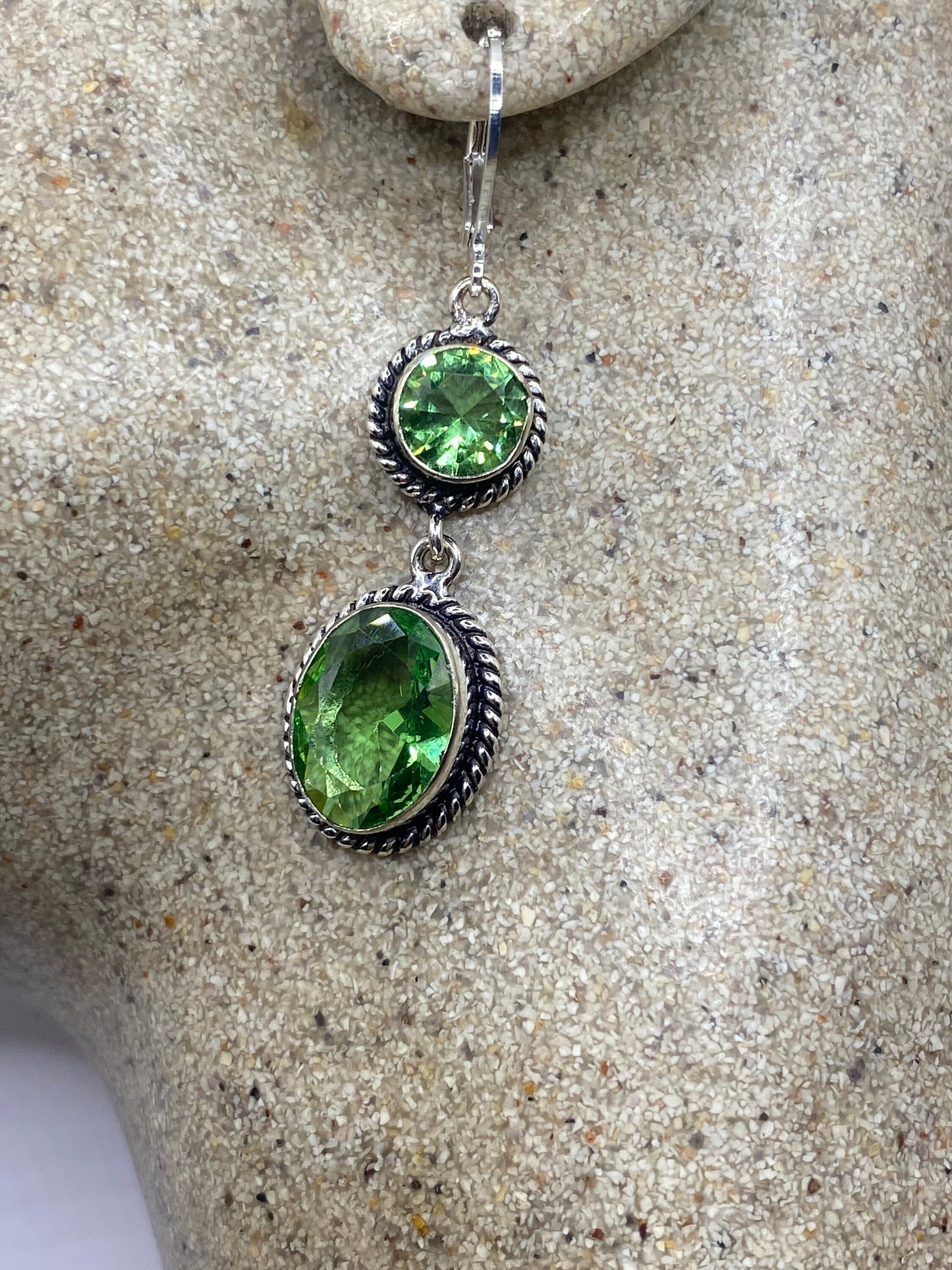 Antique Vintage Green Peridot Glass Silver Dangle Earrings