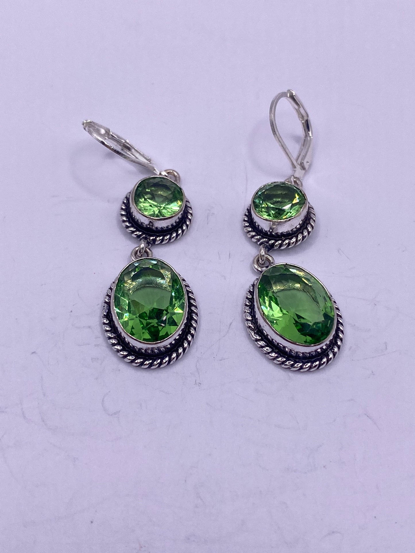 Antique Vintage Green Peridot Glass Silver Dangle Earrings