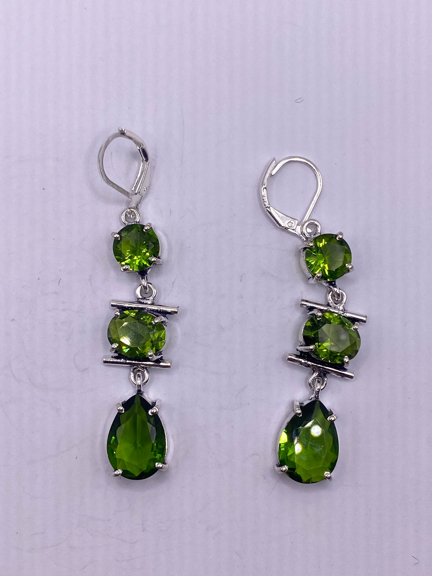 Antique Vintage Green Peridot Glass Silver Dangle Earrings