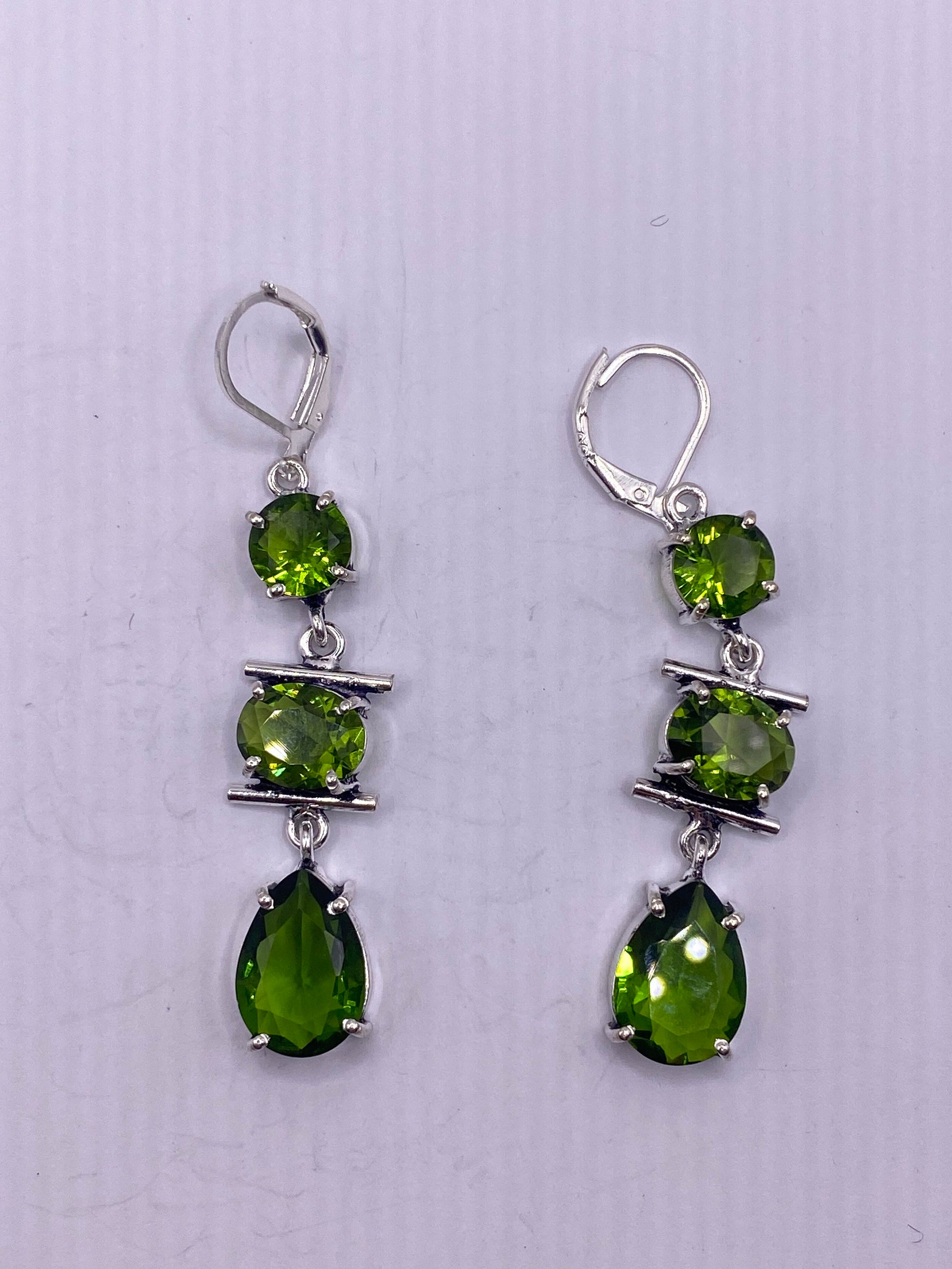 Antique Vintage Green Peridot Glass Silver Dangle Earrings