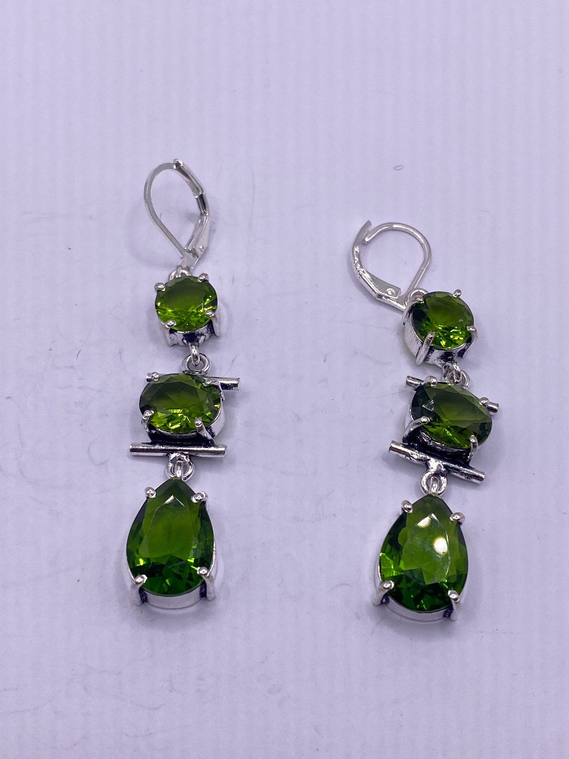 Antique Vintage Green Peridot Glass Silver Dangle Earrings