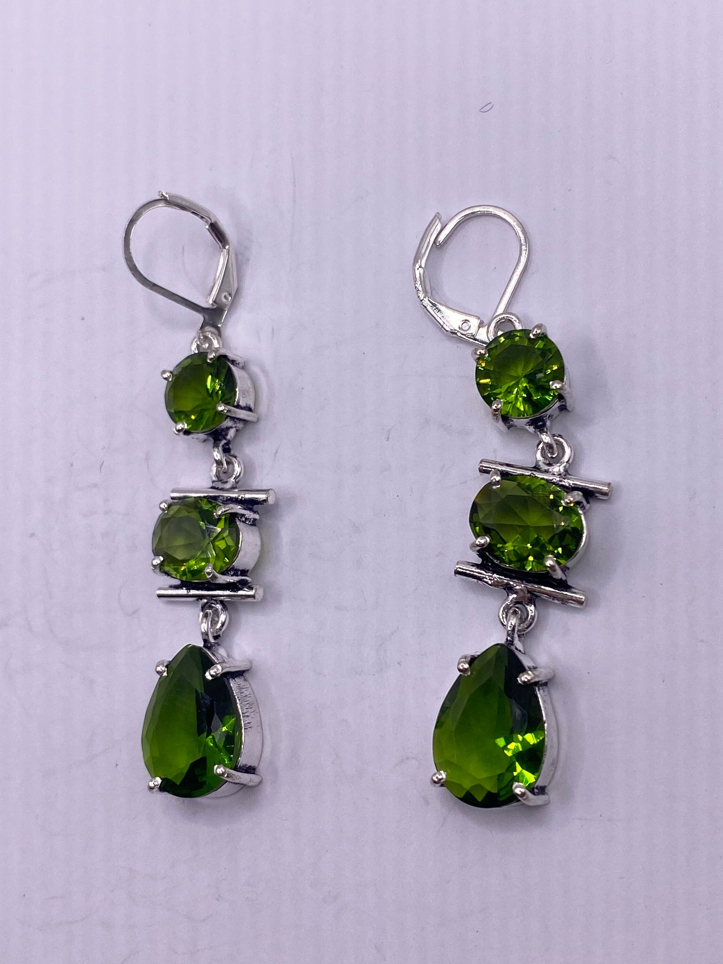 Antique Vintage Green Peridot Glass Silver Dangle Earrings