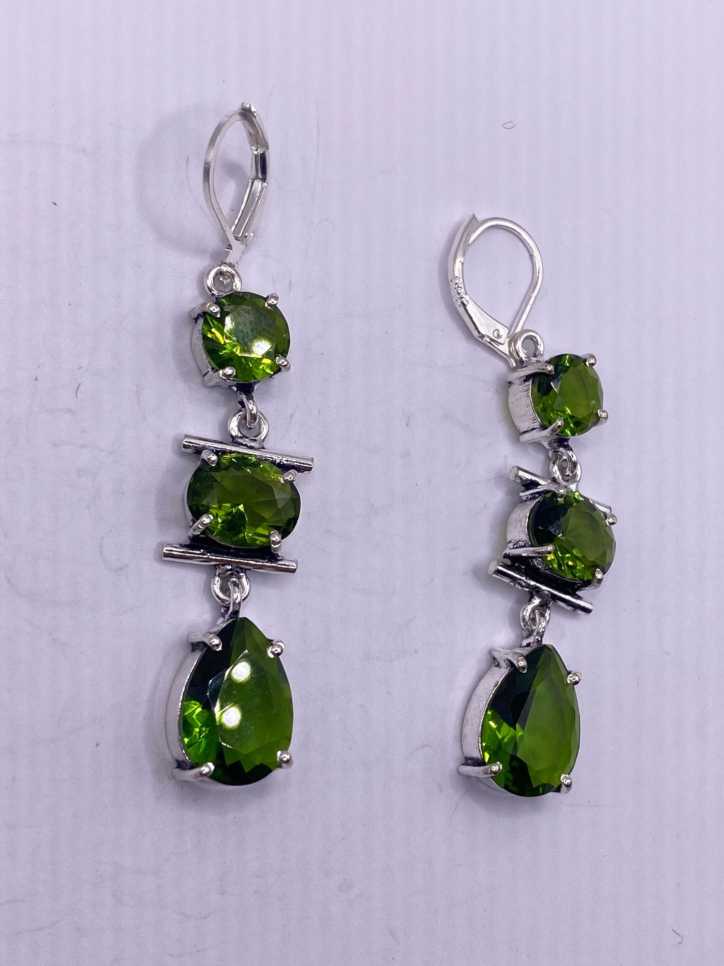 Antique Vintage Green Peridot Glass Silver Dangle Earrings