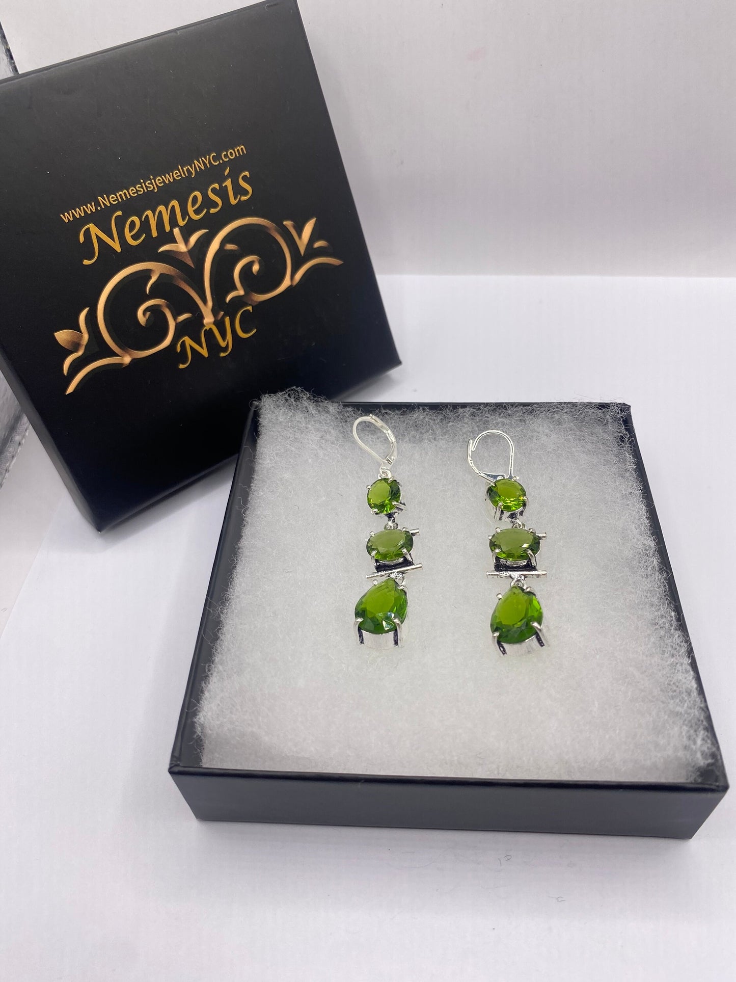 Antique Vintage Green Peridot Glass Silver Dangle Earrings