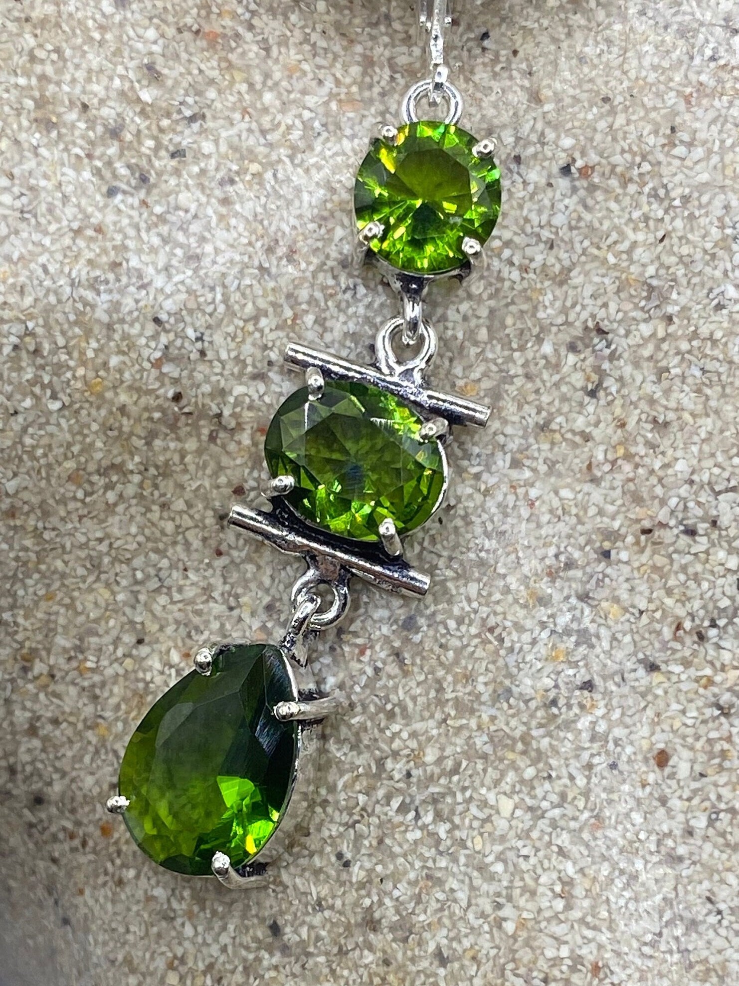 Antique Vintage Green Peridot Glass Silver Dangle Earrings