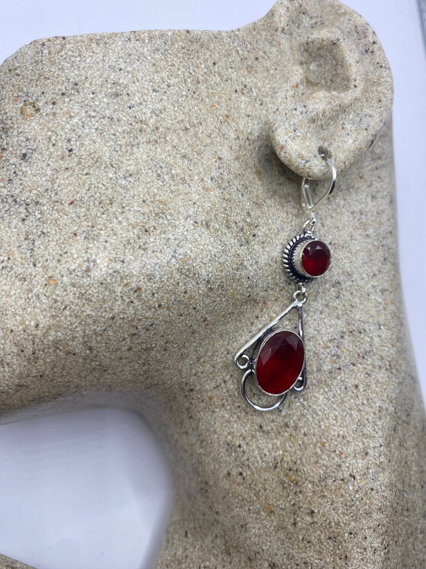 Antique Vintage Red Ruby Glass Silver Dangle Earrings