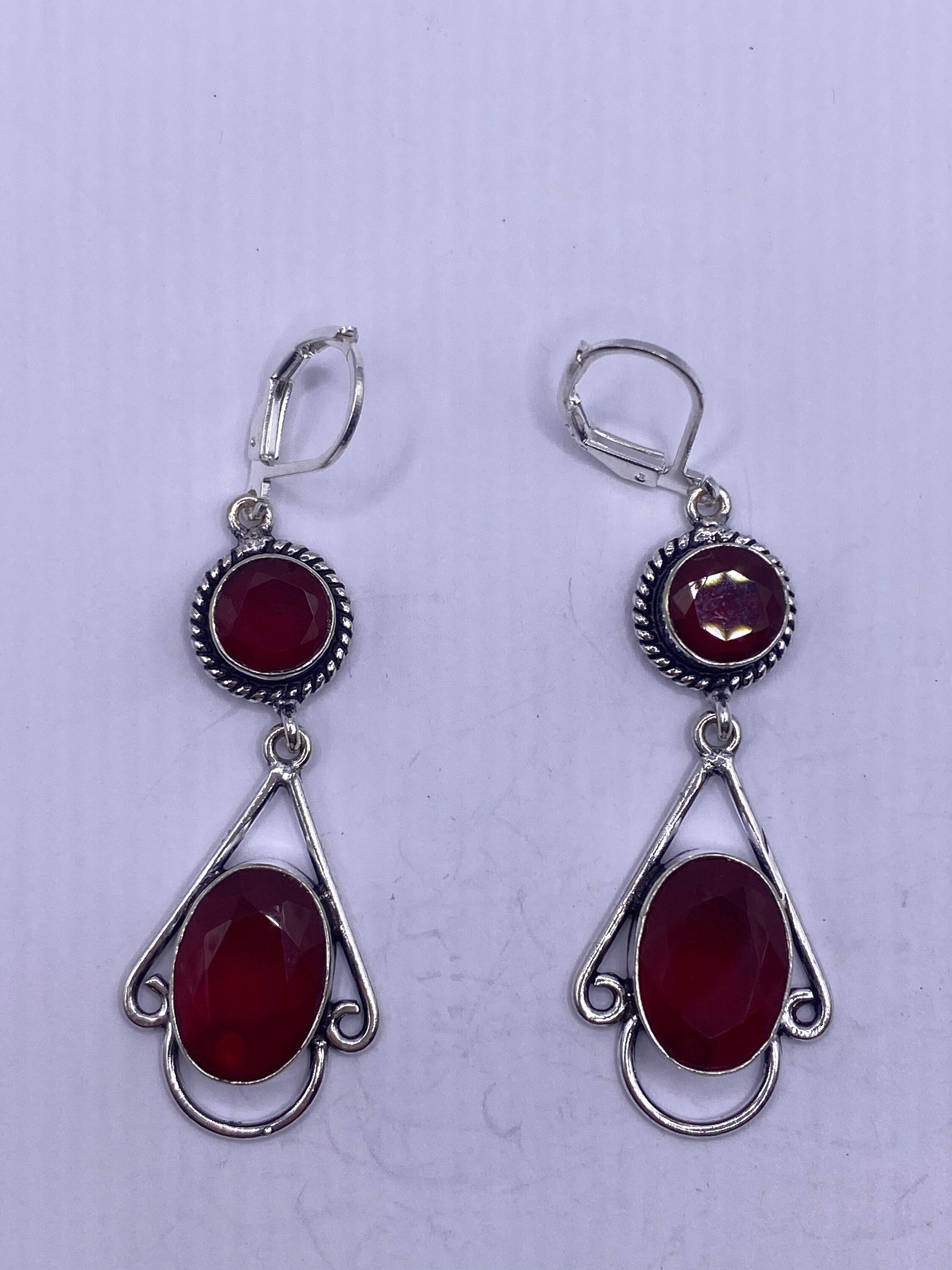 Antique Vintage Red Ruby Glass Silver Dangle Earrings