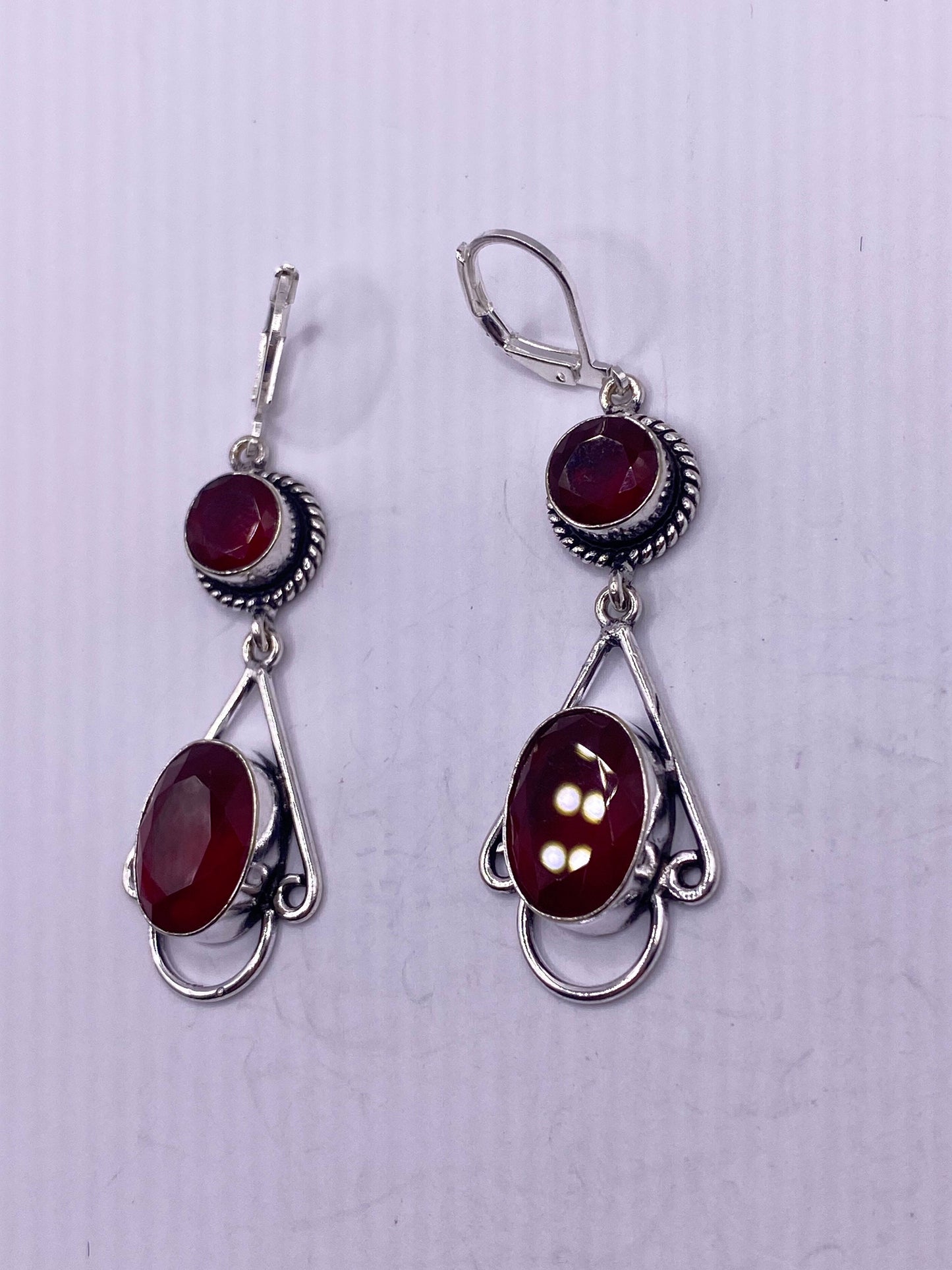 Antique Vintage Red Ruby Glass Silver Dangle Earrings