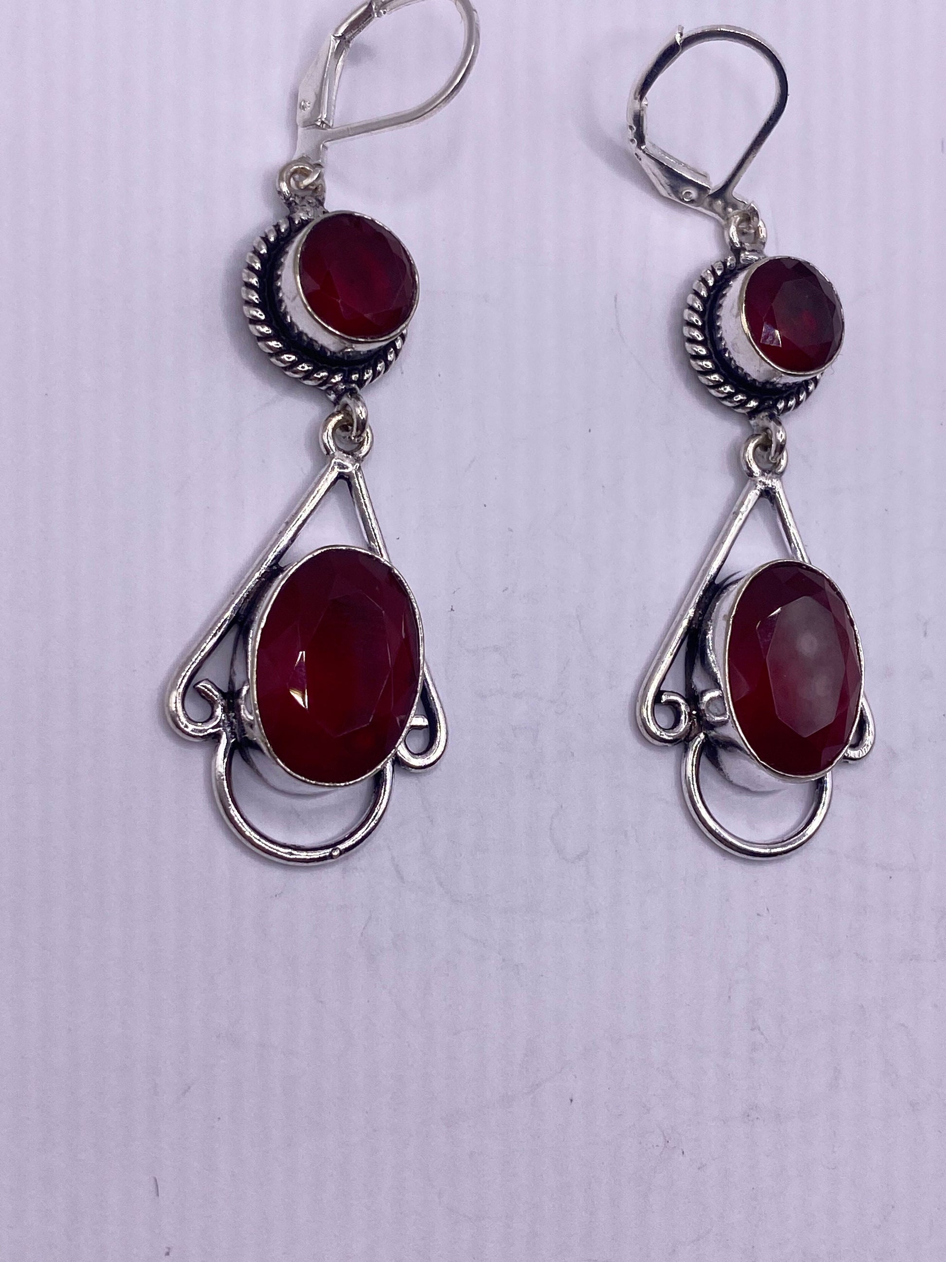 Antique Vintage Red Ruby Glass Silver Dangle Earrings