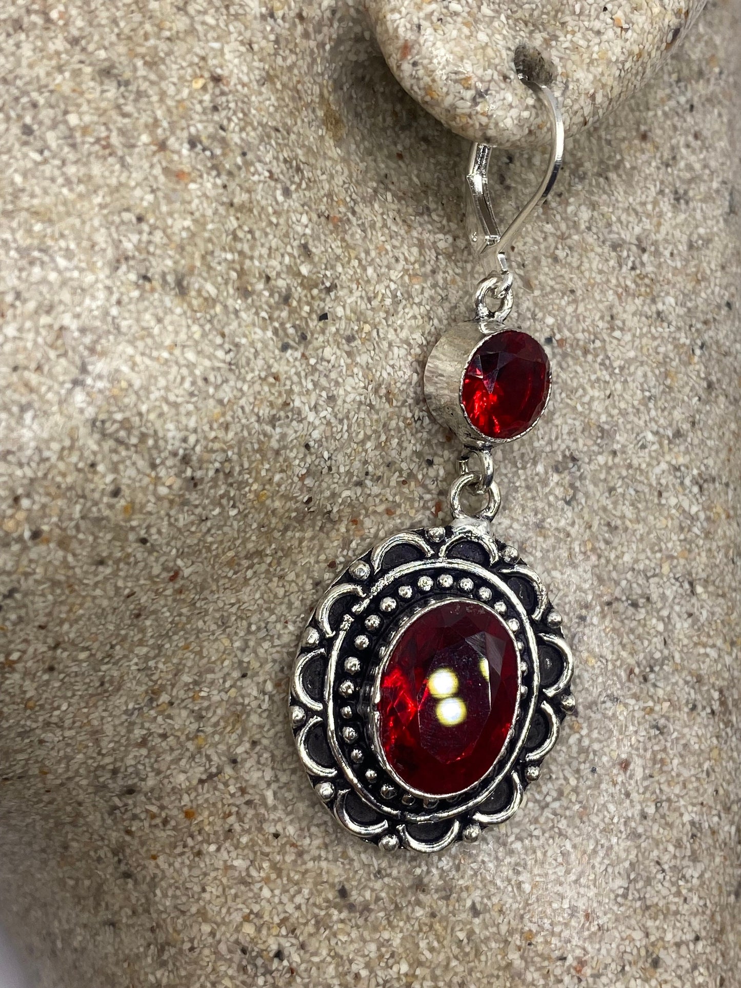 Antique Vintage Red Ruby Glass Silver Dangle Earrings