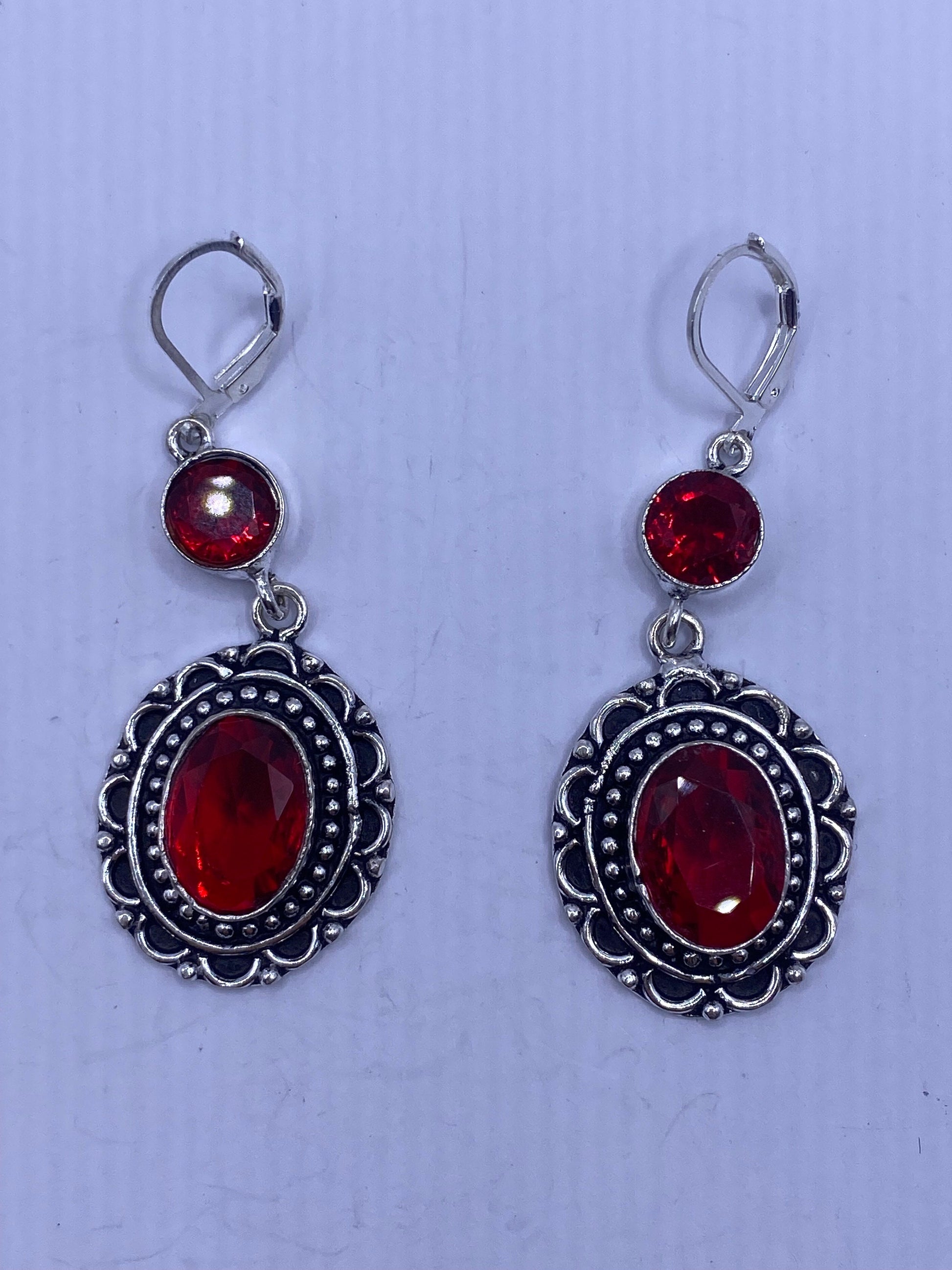 Antique Vintage Red Ruby Glass Silver Dangle Earrings