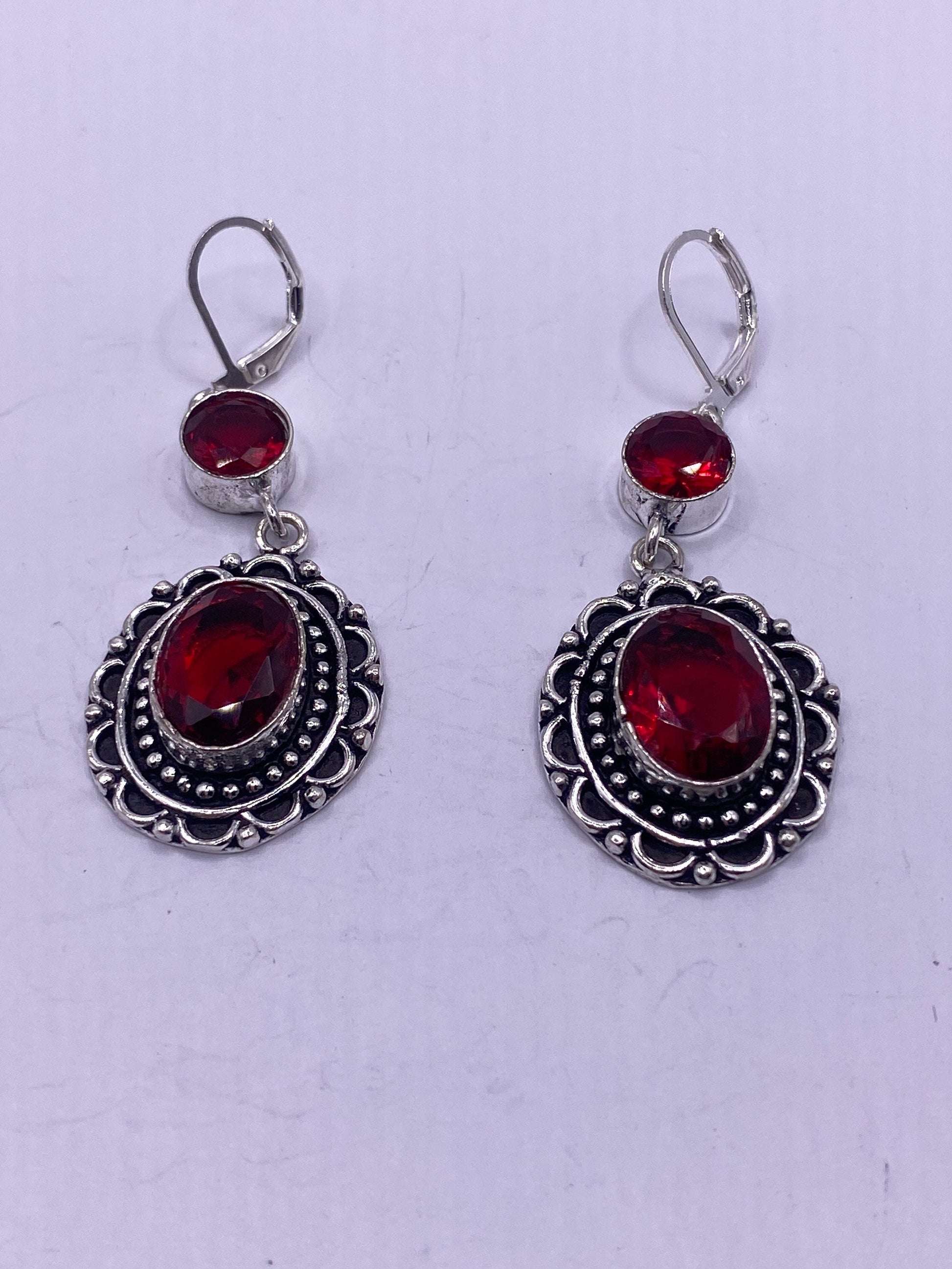 Antique Vintage Red Ruby Glass Silver Dangle Earrings