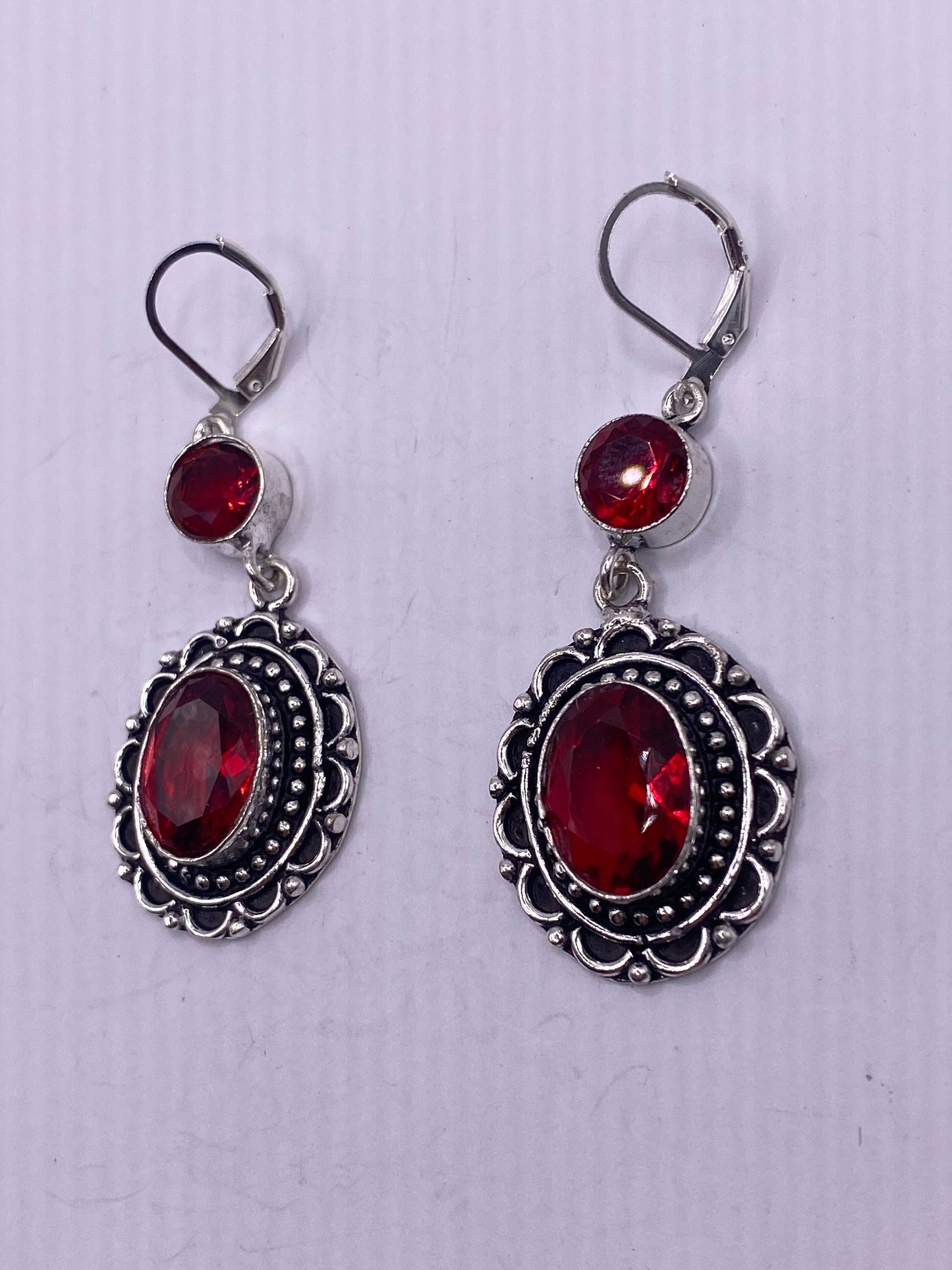 Antique Vintage Red Ruby Glass Silver Dangle Earrings