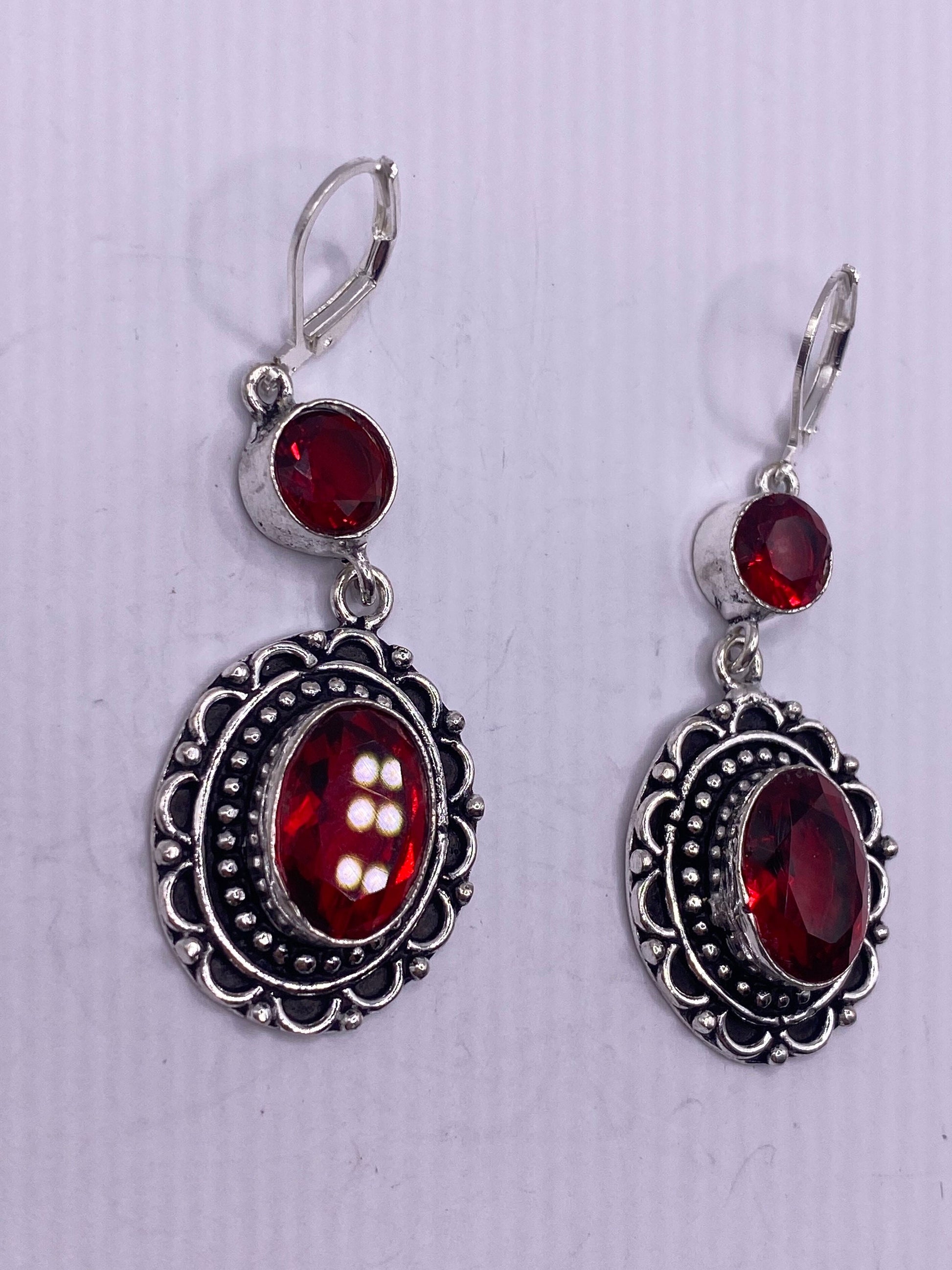 Antique Vintage Red Ruby Glass Silver Dangle Earrings