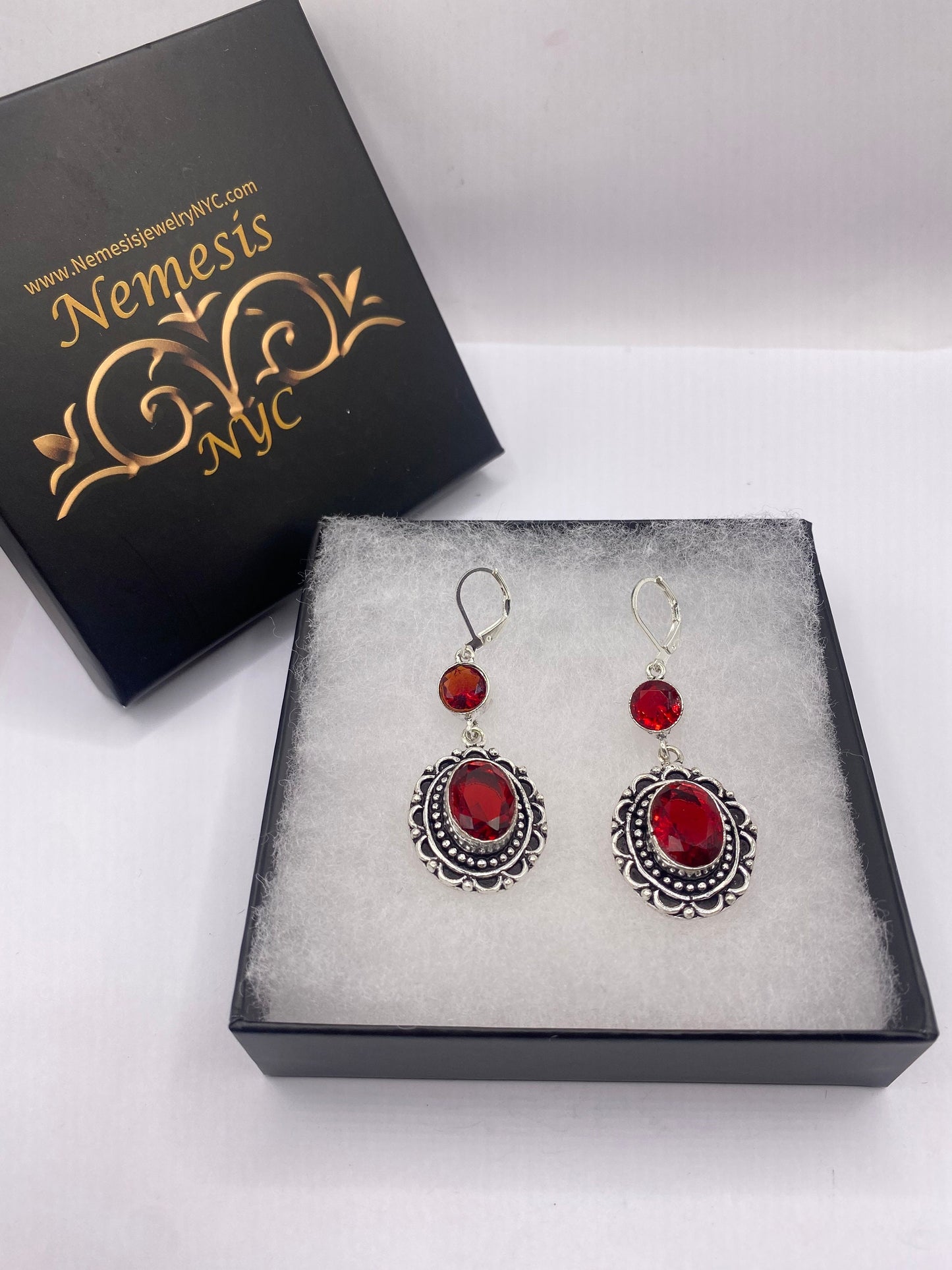 Antique Vintage Red Ruby Glass Silver Dangle Earrings