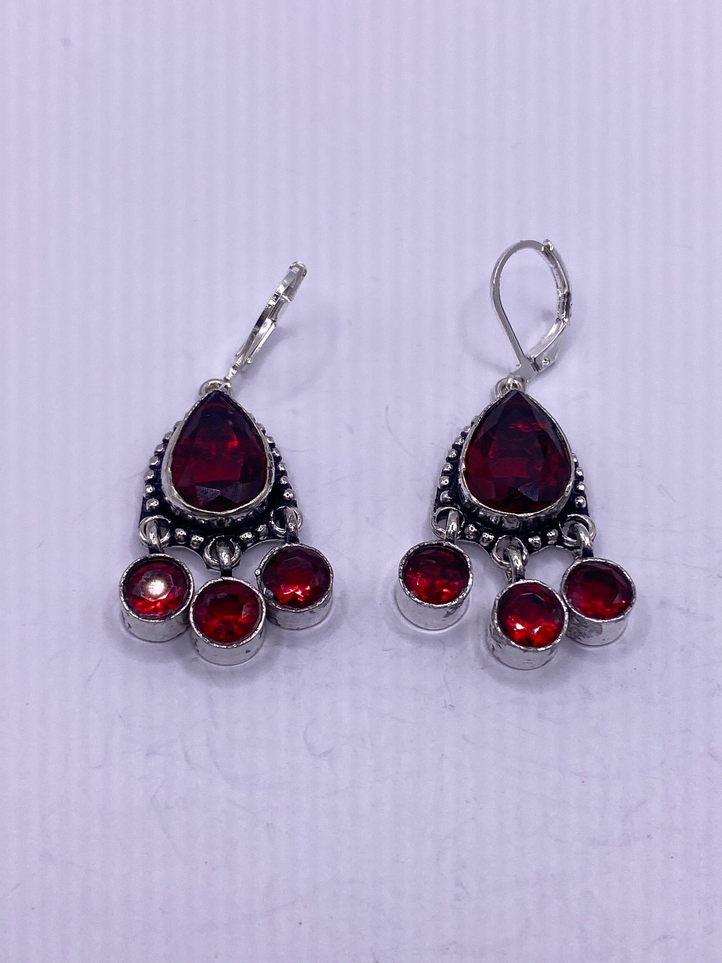 Antique Vintage Red Ruby Glass Silver Dangle Earrings