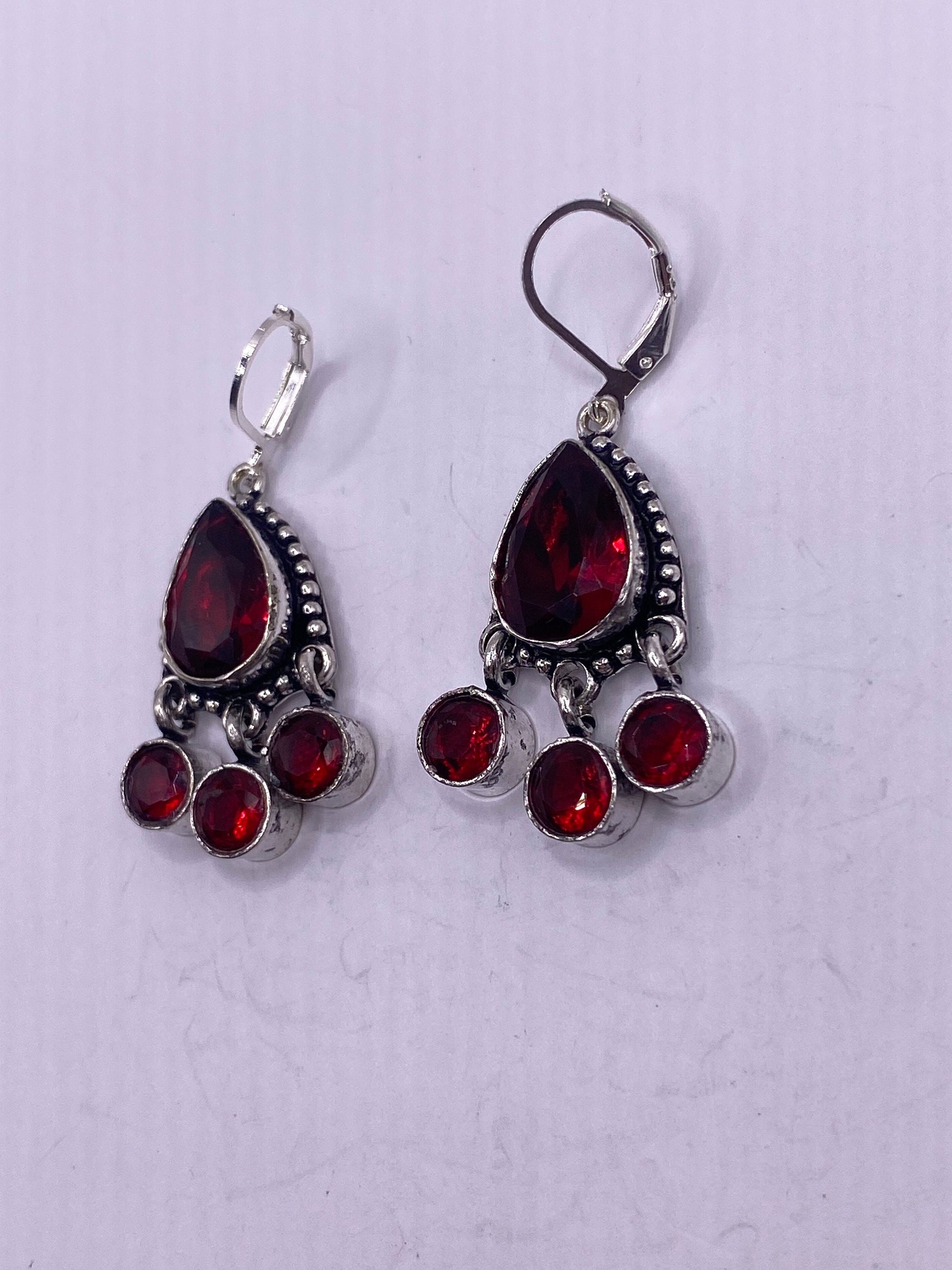 Antique Vintage Red Ruby Glass Silver Dangle Earrings