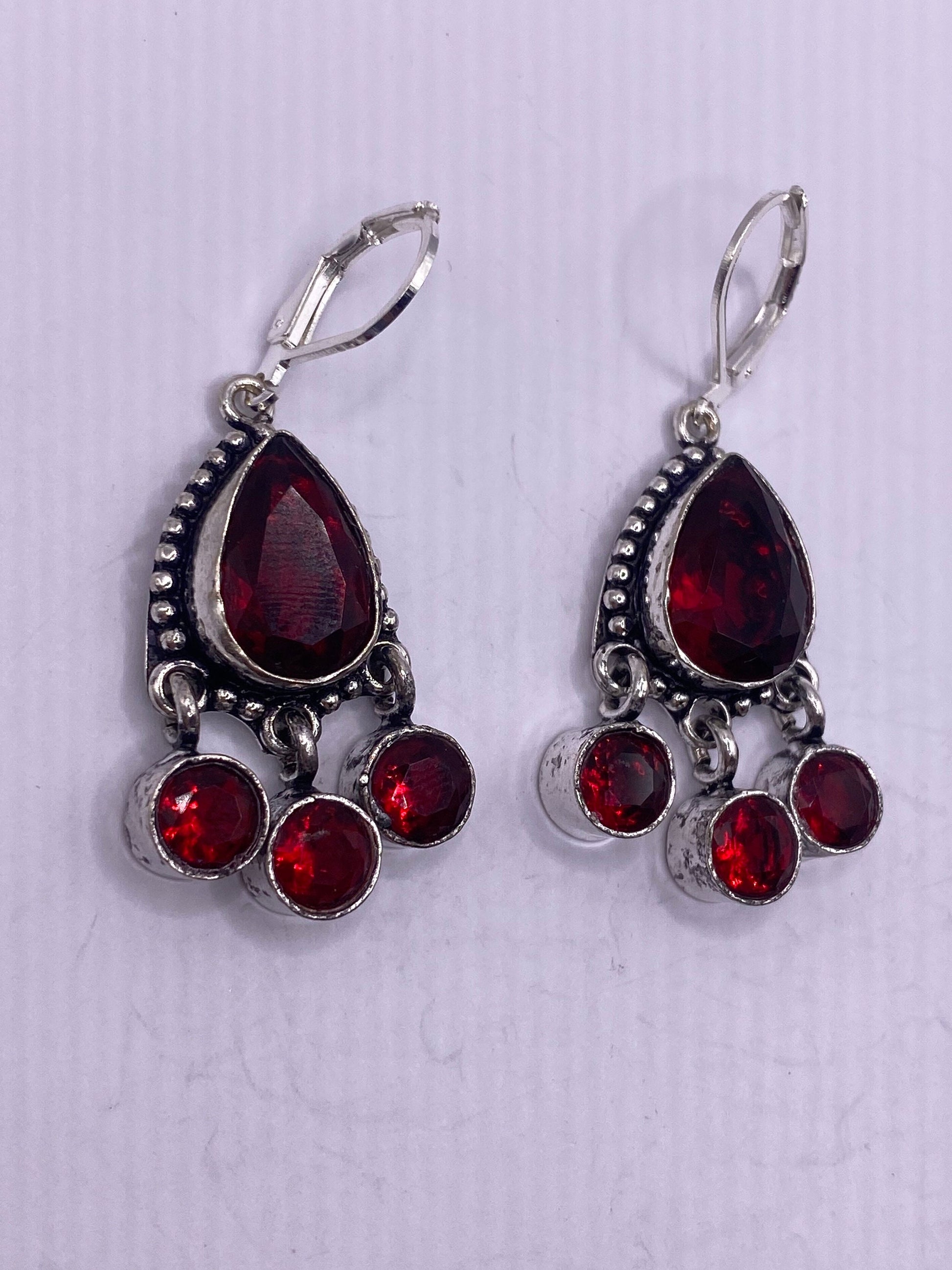 Antique Vintage Red Ruby Glass Silver Dangle Earrings