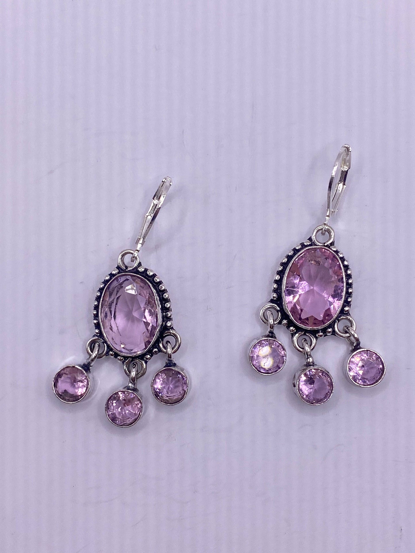 Antique Vintage Pink Rose Quartz Glass Silver Dangle Earrings