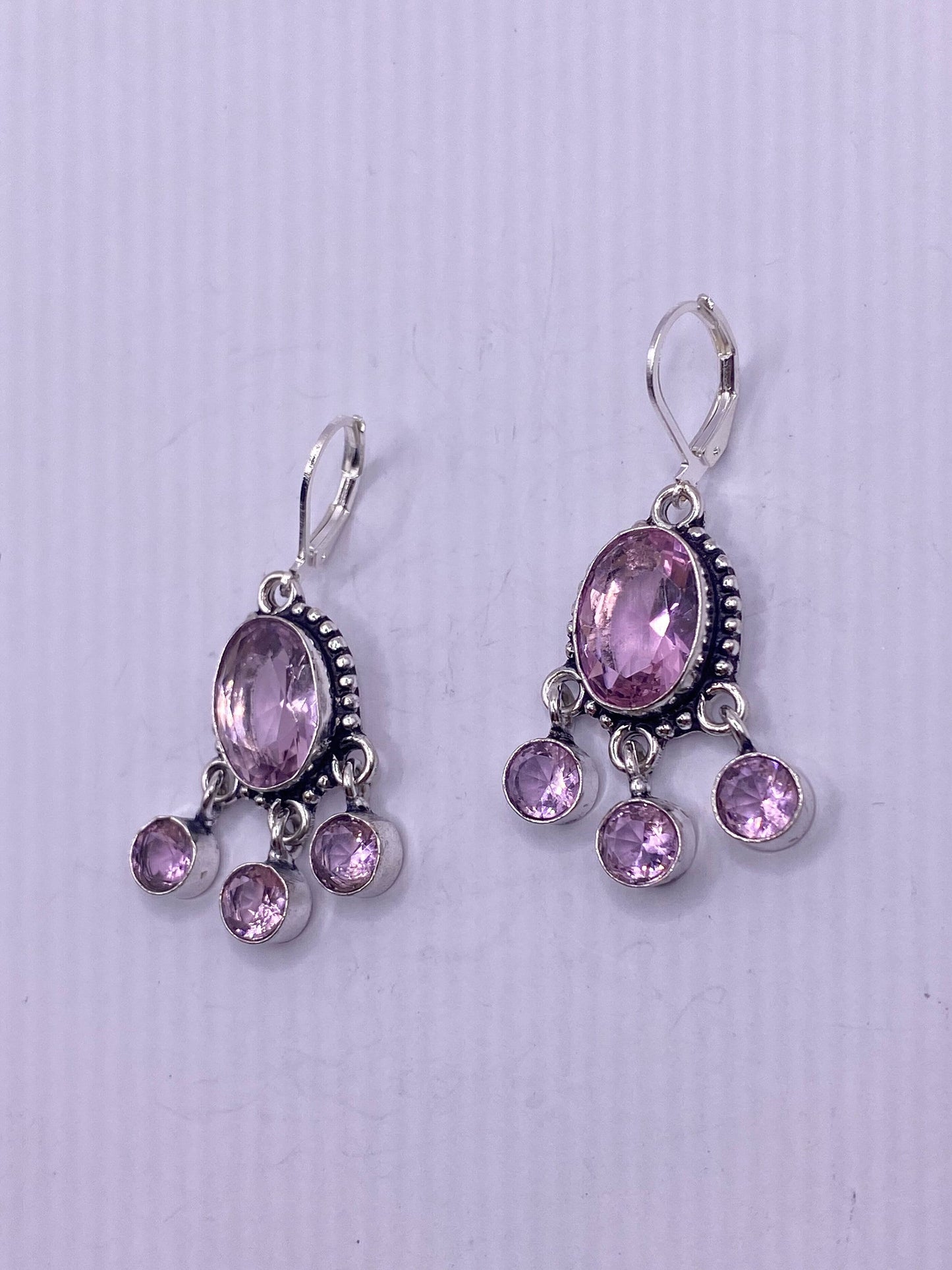 Antique Vintage Pink Rose Quartz Glass Silver Dangle Earrings