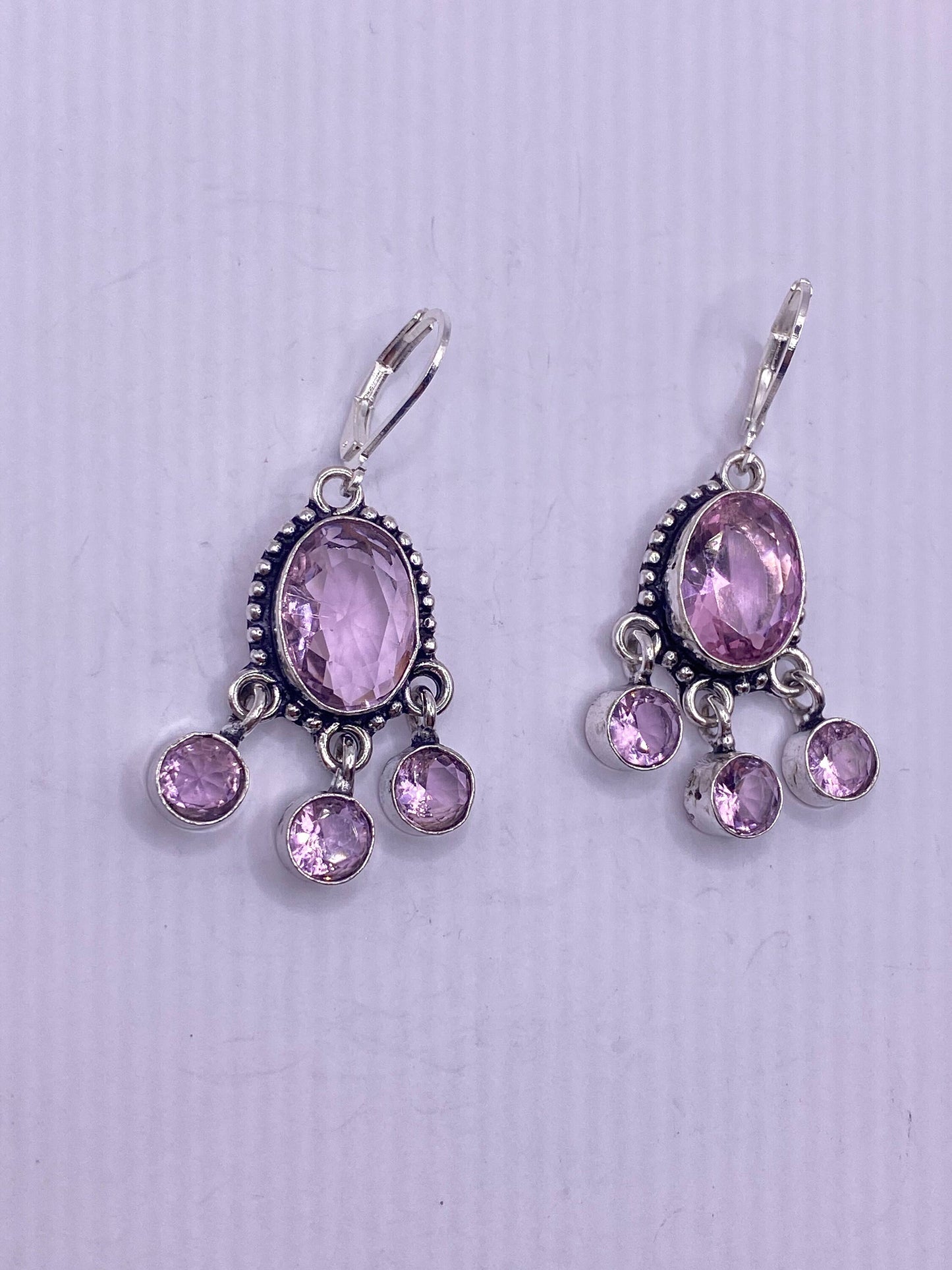 Antique Vintage Pink Rose Quartz Glass Silver Dangle Earrings