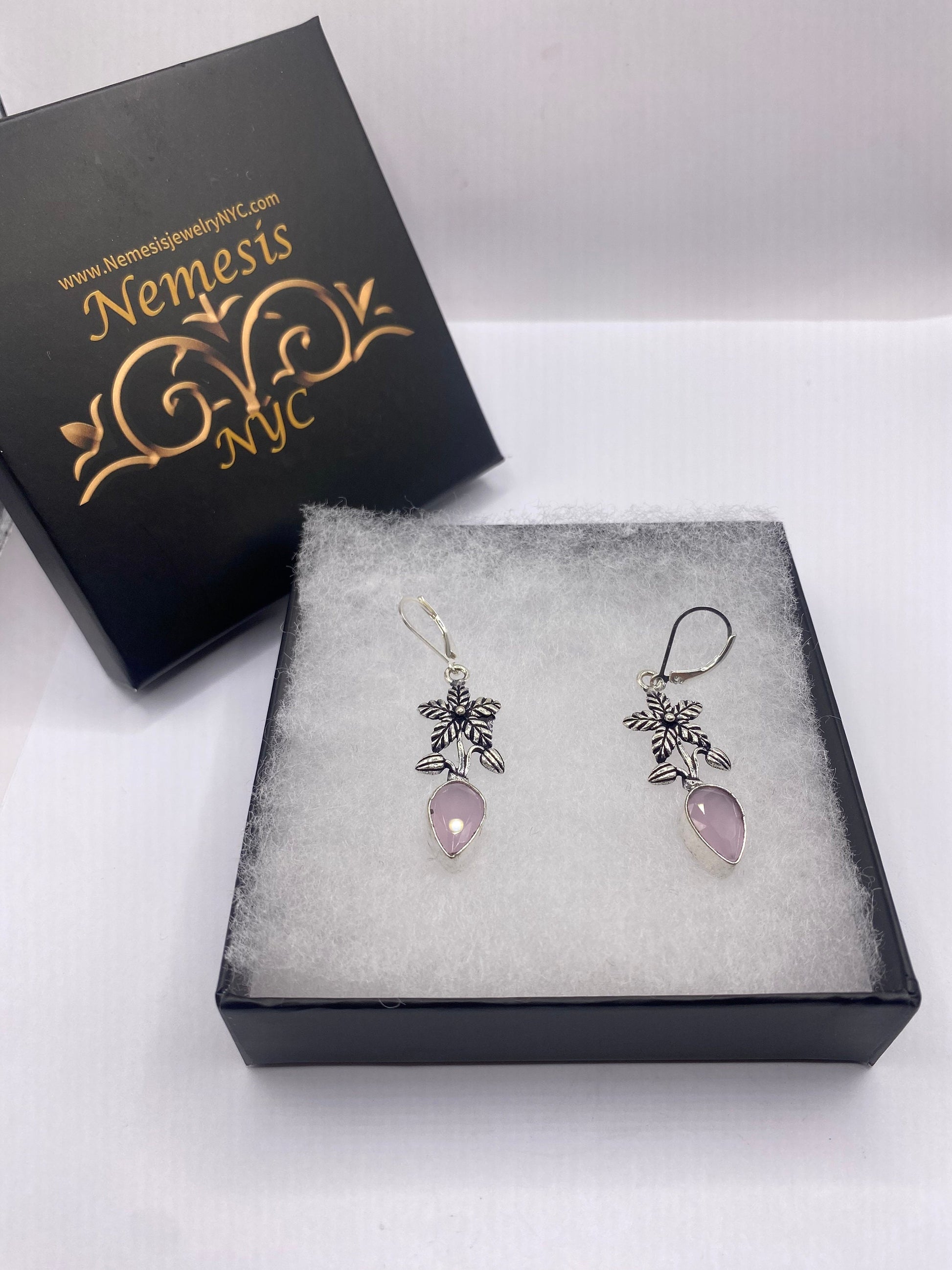 Antique Vintage Pink Rose Quartz Silver Dangle Earrings