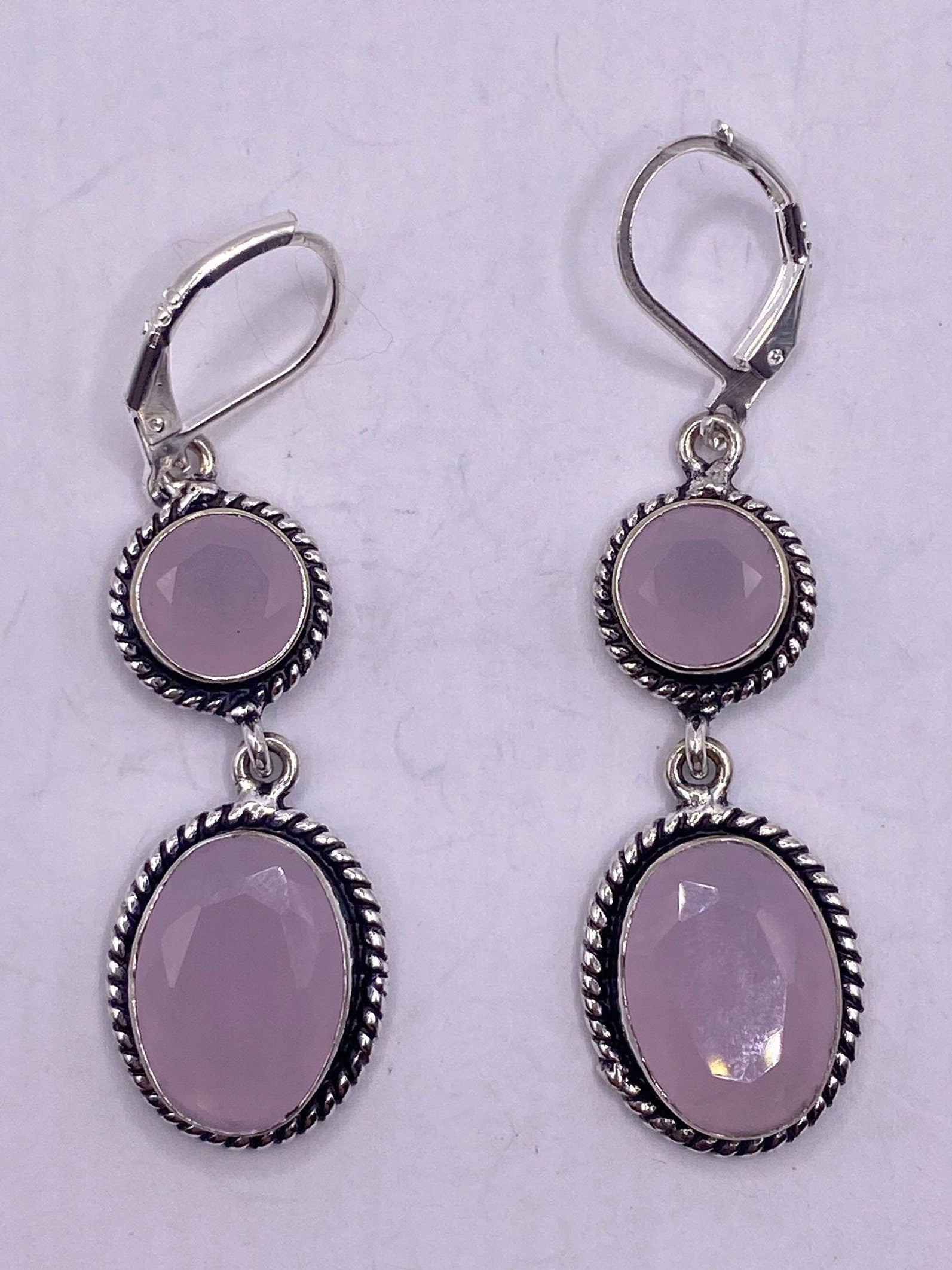 Antique Vintage Pink Rose Quartz Silver Dangle Earrings