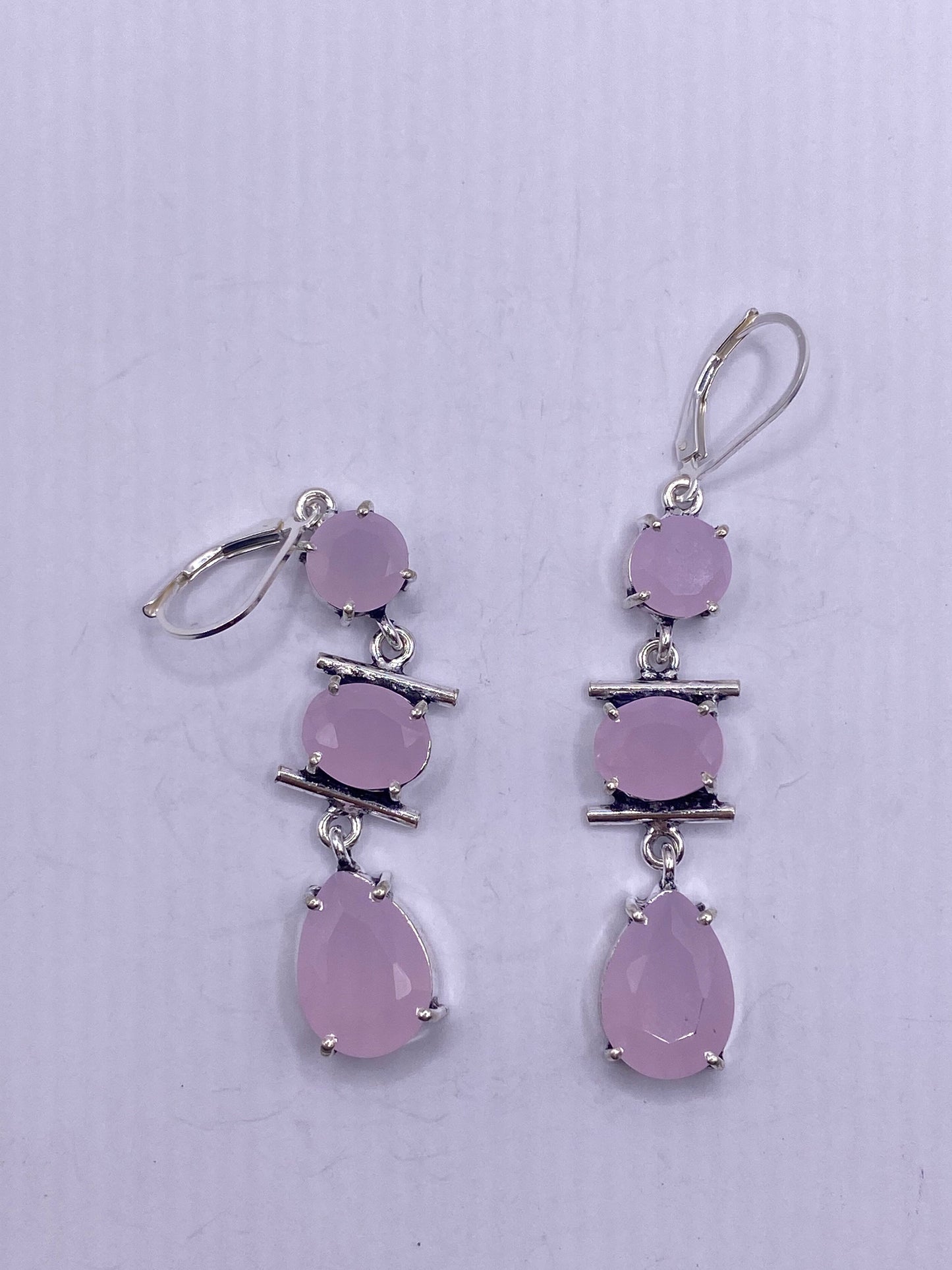 Antique Vintage Pink Rose Quartz Silver Dangle Earrings