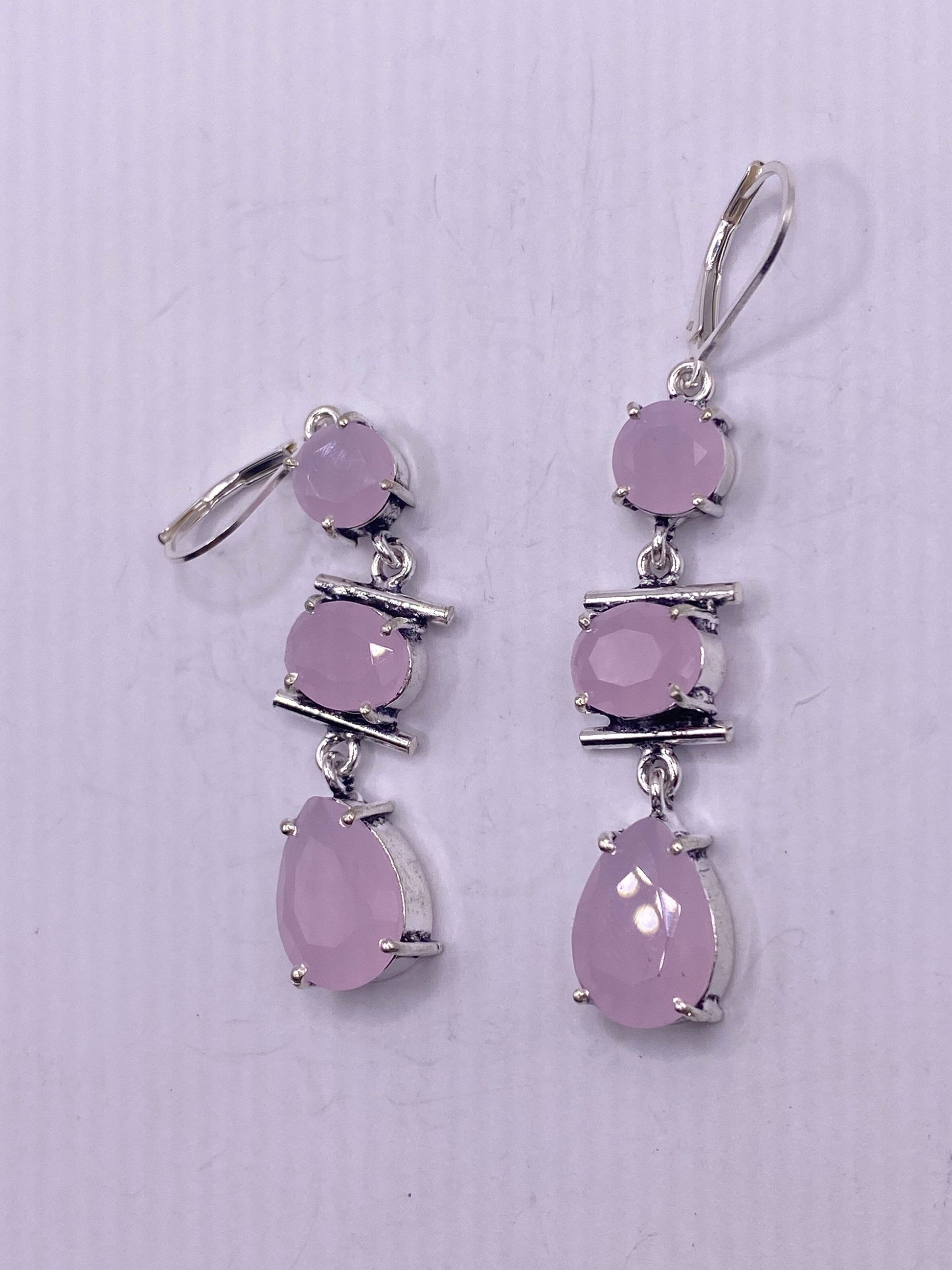 Antique Vintage Pink Rose Quartz Silver Dangle Earrings