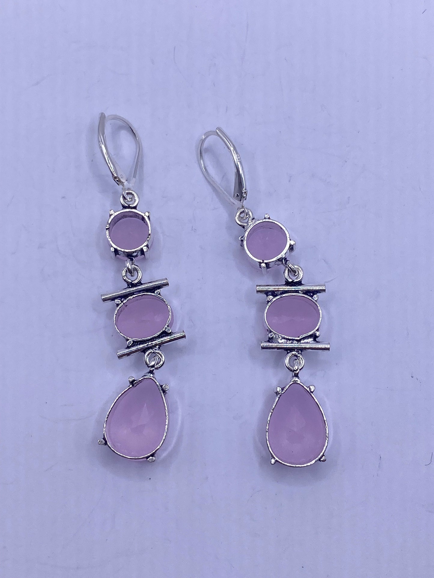 Antique Vintage Pink Rose Quartz Silver Dangle Earrings