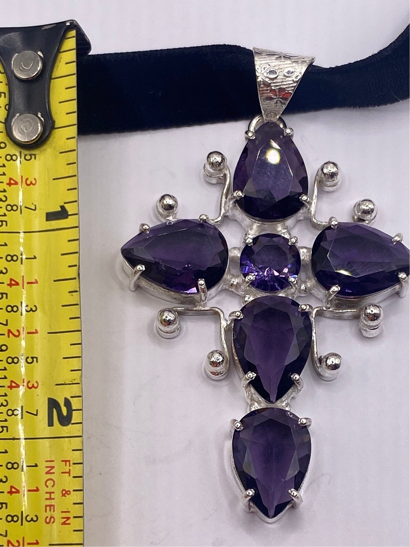 Vintage Purple Amethyst Glass Cross Choker Necklace
