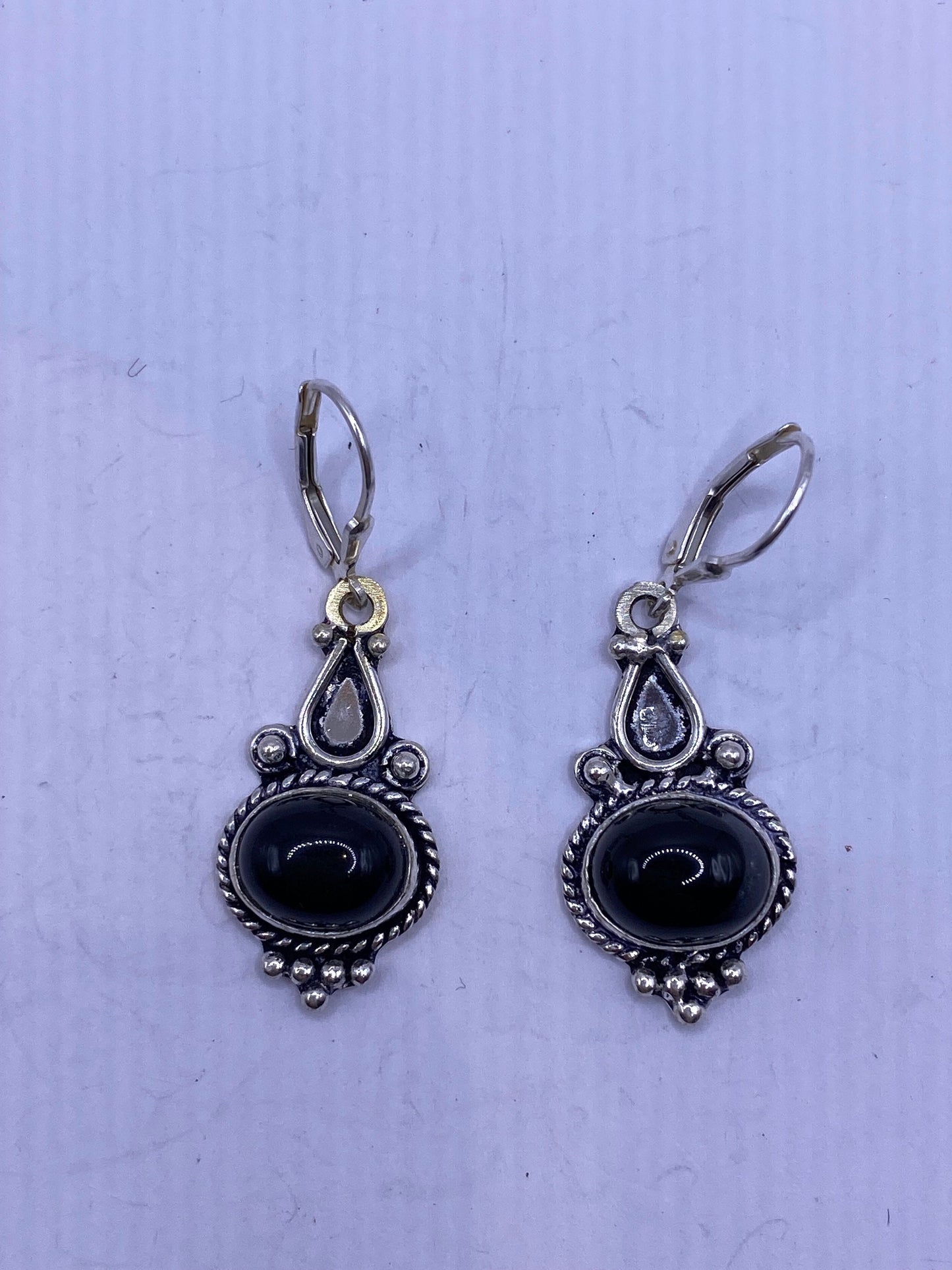Vintage Black Earring Onyx 925 Sterling Silver Deco Dangle Chandelier