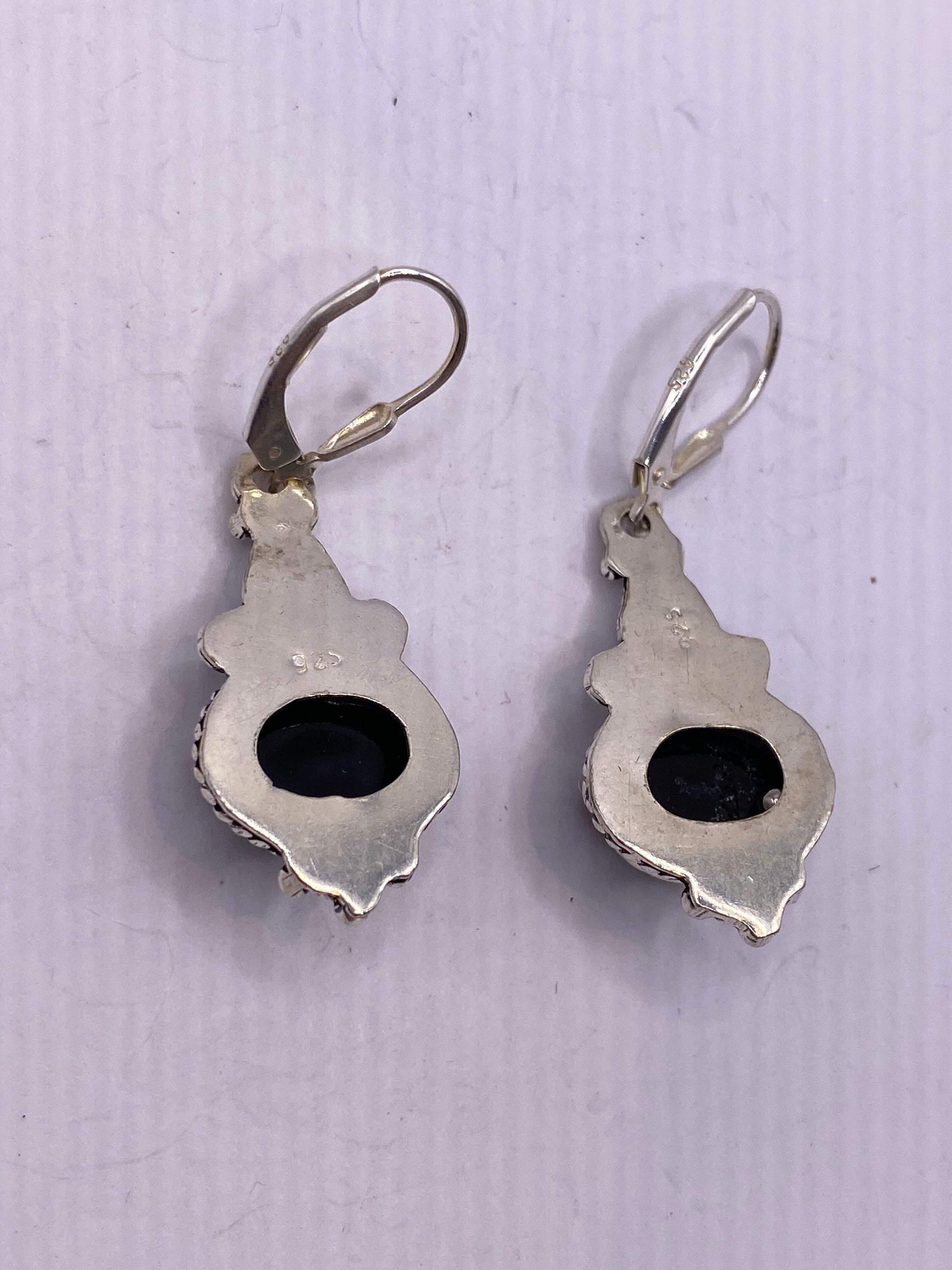 Vintage Black Earring Onyx 925 Sterling Silver Deco Dangle Chandelier