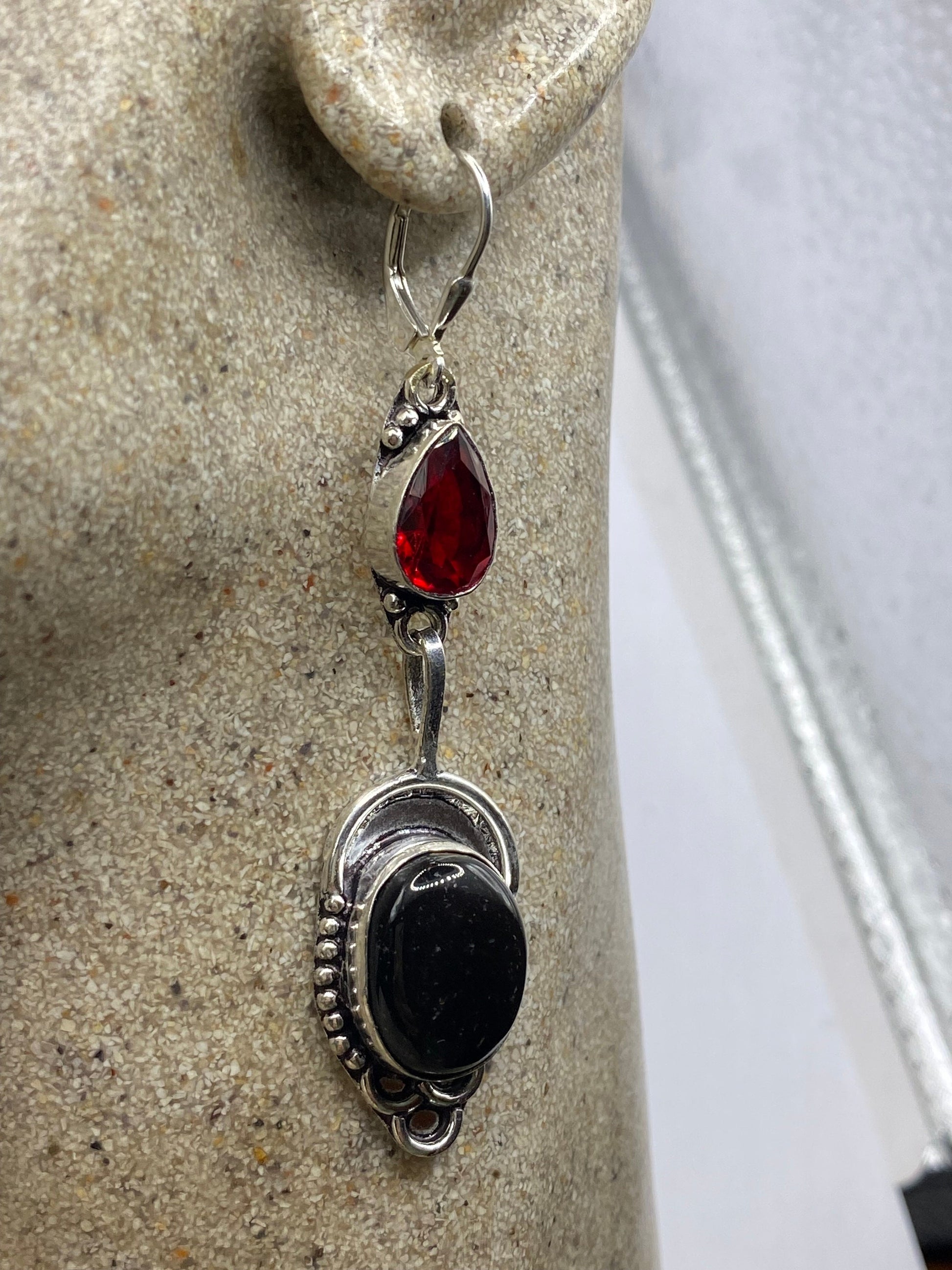 Vintage Black Earring Onyx 925 Sterling Silver Deco Dangle Chandelier