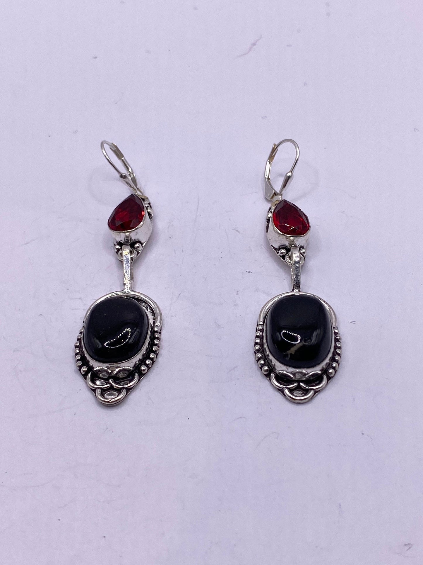 Vintage Black Earring Onyx 925 Sterling Silver Deco Dangle Chandelier