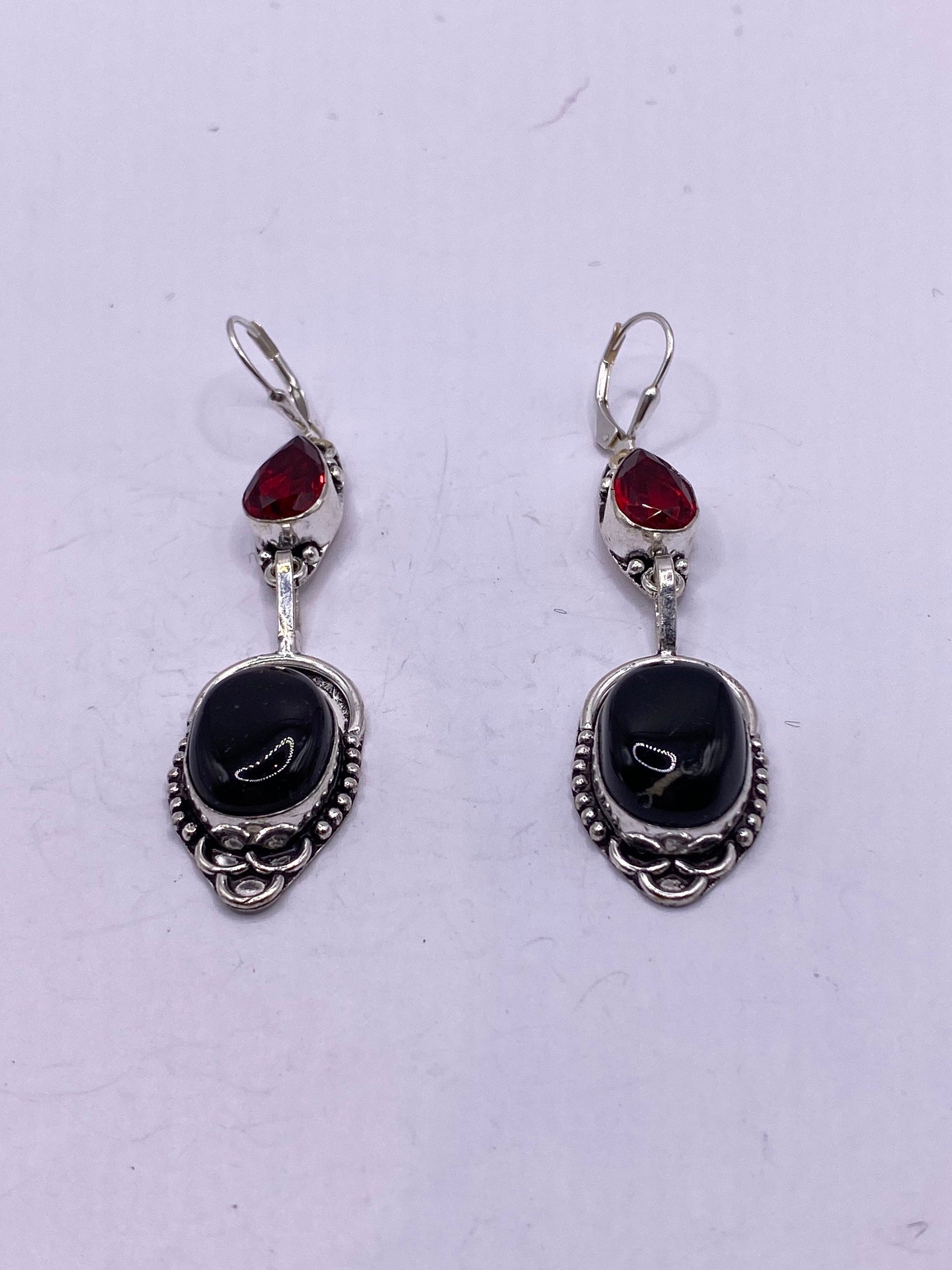 Vintage Black Earring Onyx 925 Sterling Silver Deco Dangle Chandelier