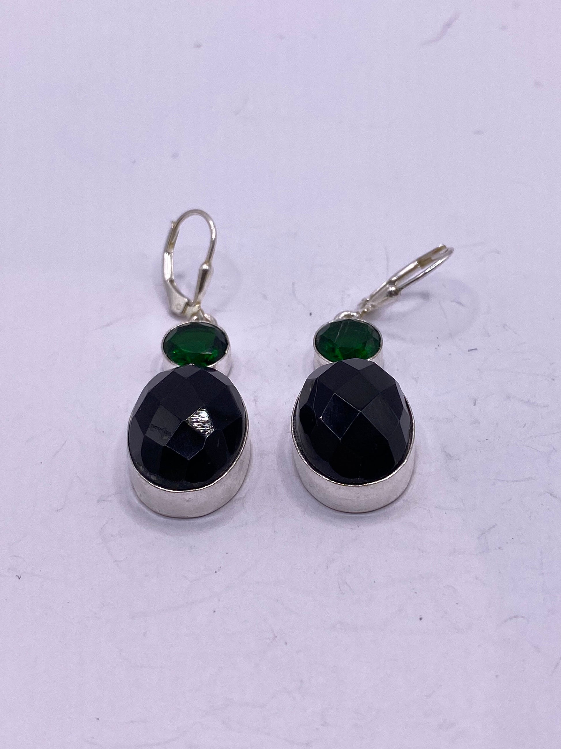 Vintage Black Earring Onyx 925 Sterling Silver Deco Dangle Chandelier