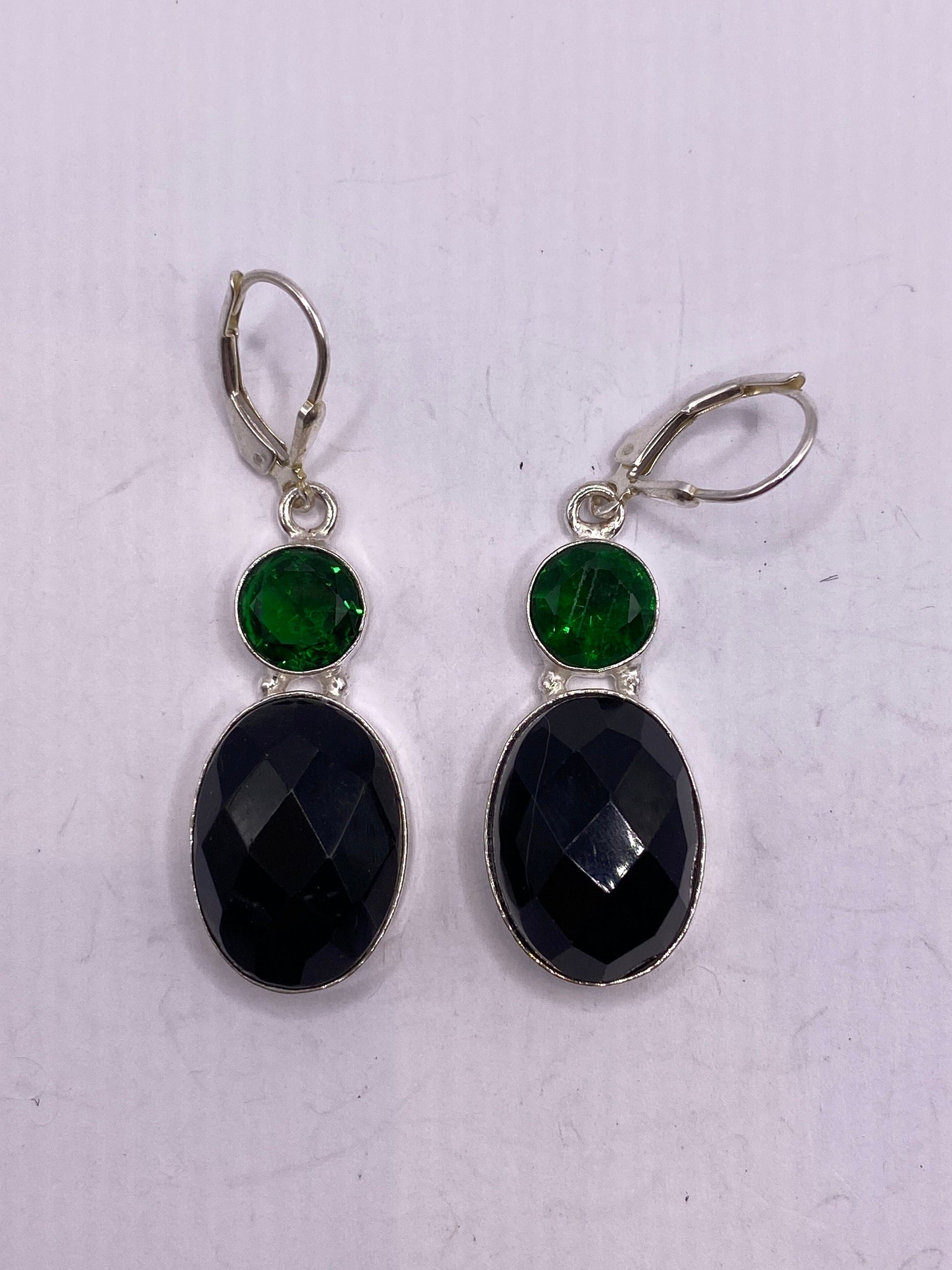 Vintage Black Earring Onyx 925 Sterling Silver Deco Dangle Chandelier