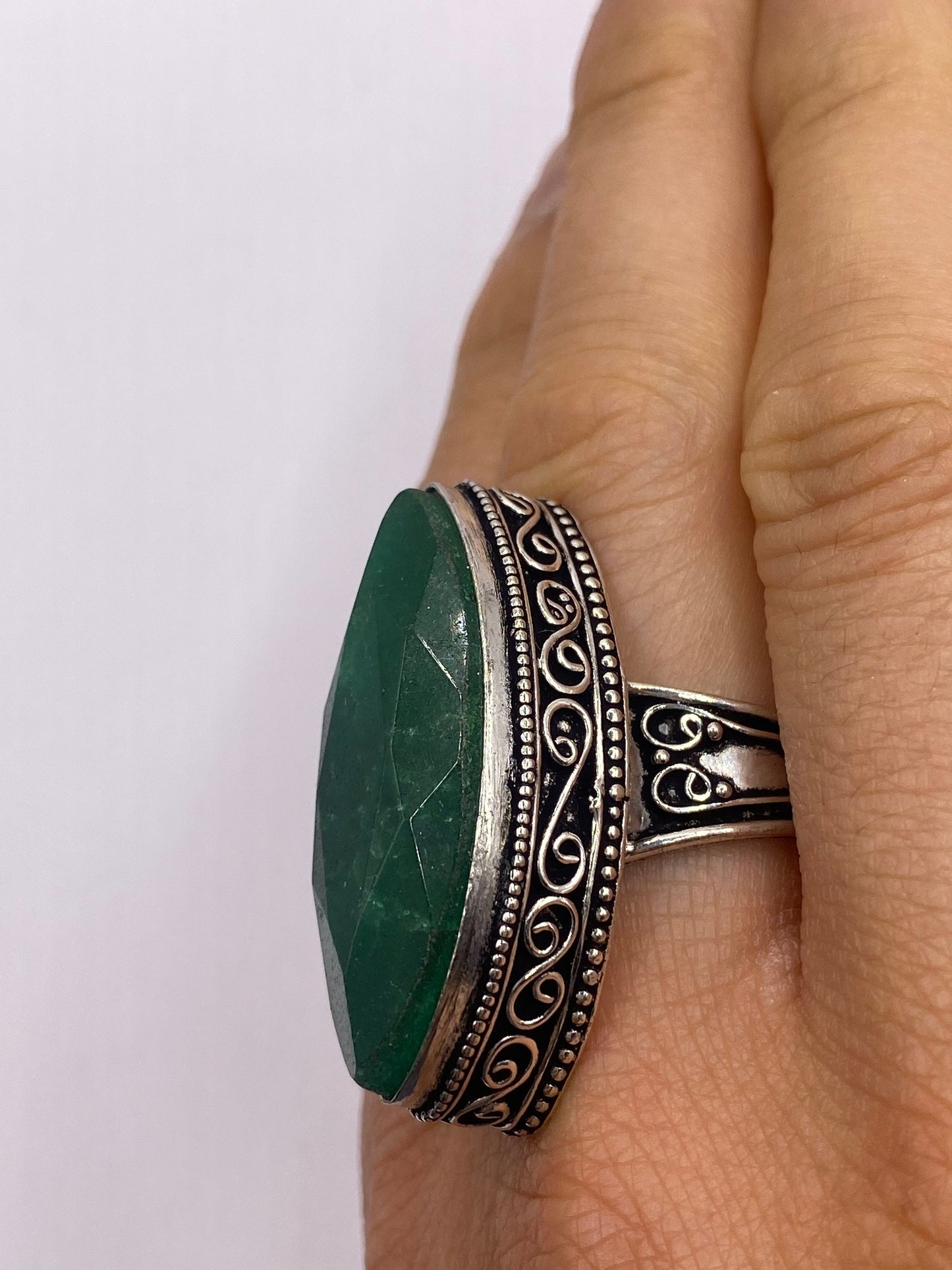 Vintage Green Raw Emerald Silver Bronze Statement Boho Ring