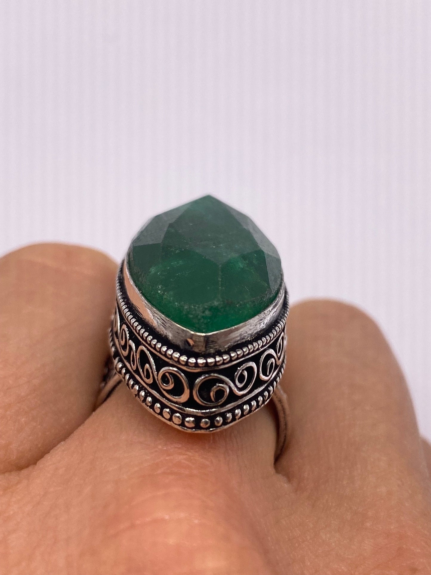 Vintage Green Raw Emerald Silver Bronze Statement Boho Ring