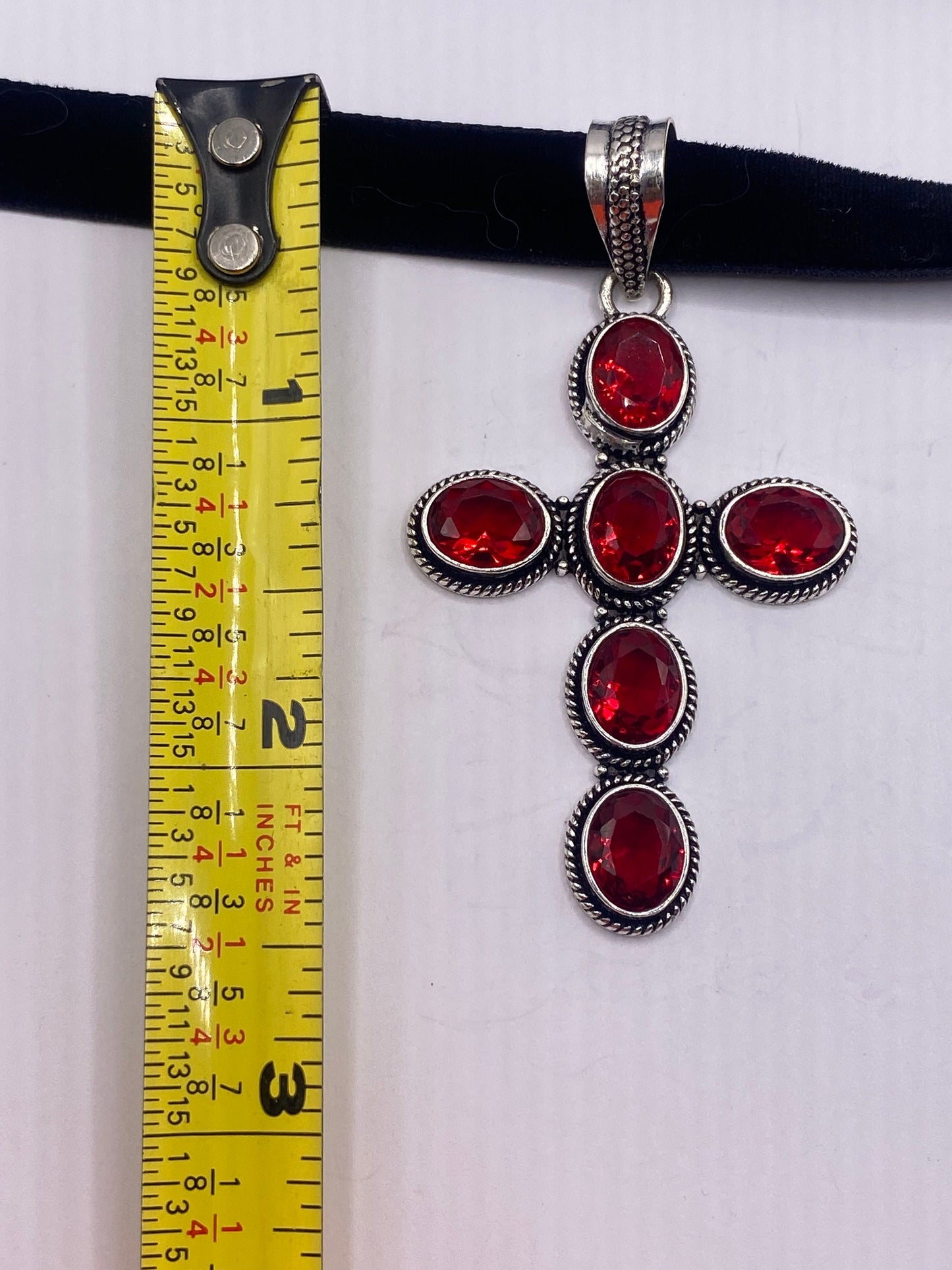 Vintage Red Ruby Glass Cross Choker Black Velvet Necklace.