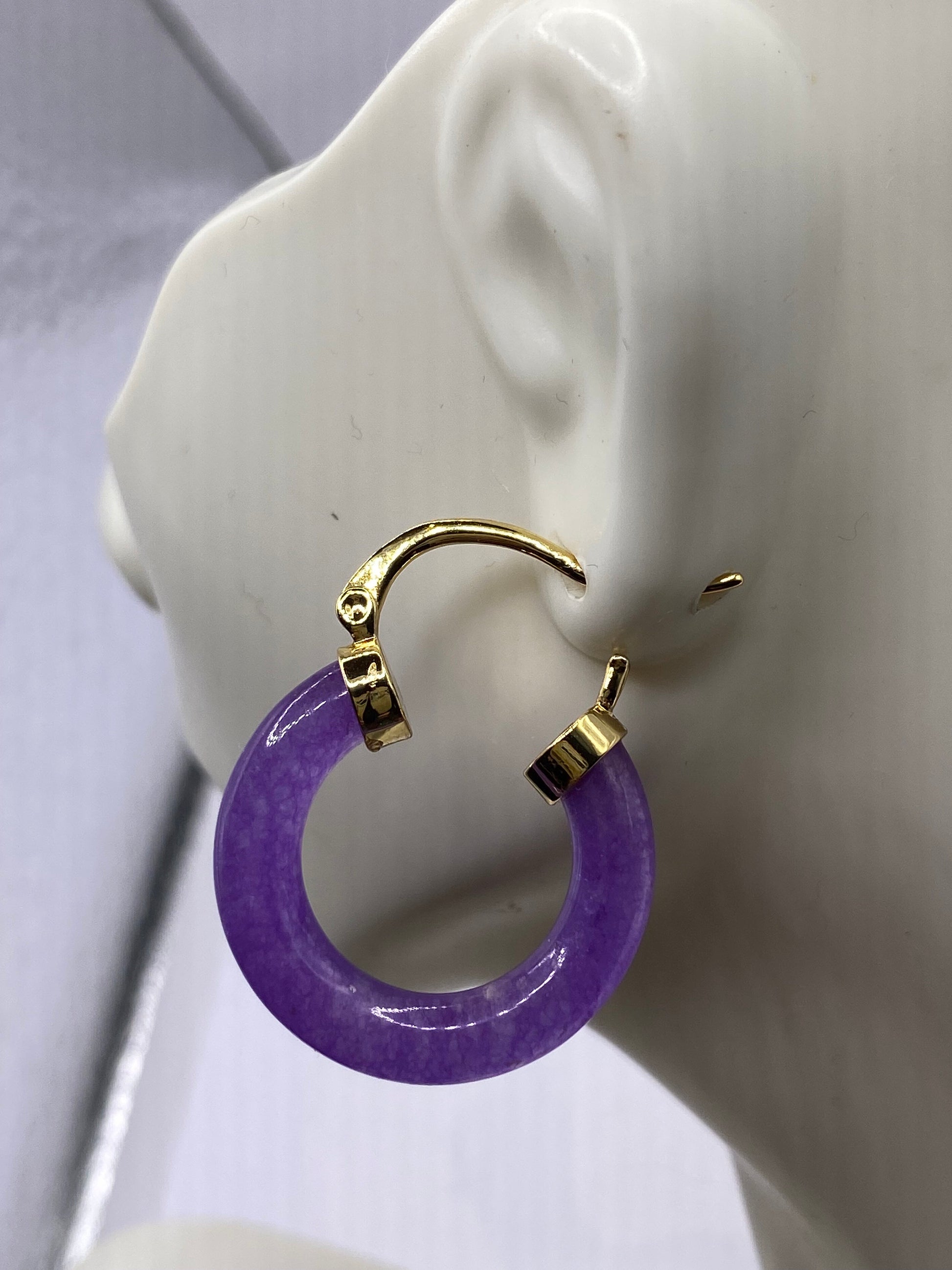 Vintage Purple Jade Hoop Earrings in Bronze