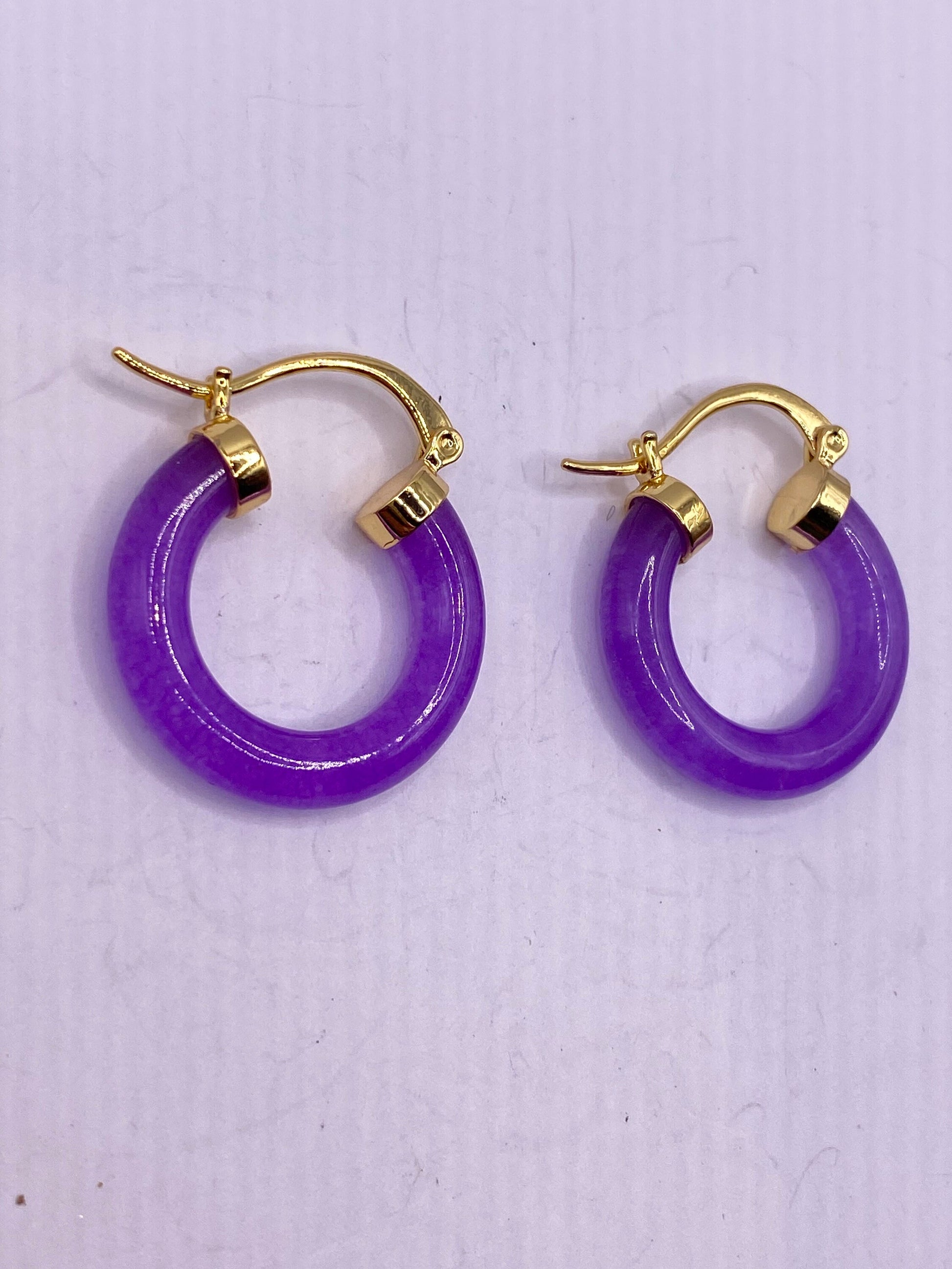 Vintage Purple Jade Hoop Earrings in Bronze