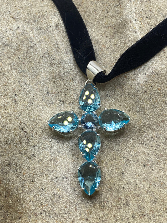 Vintage Aqua Blue Glass Cross Choker Necklace
