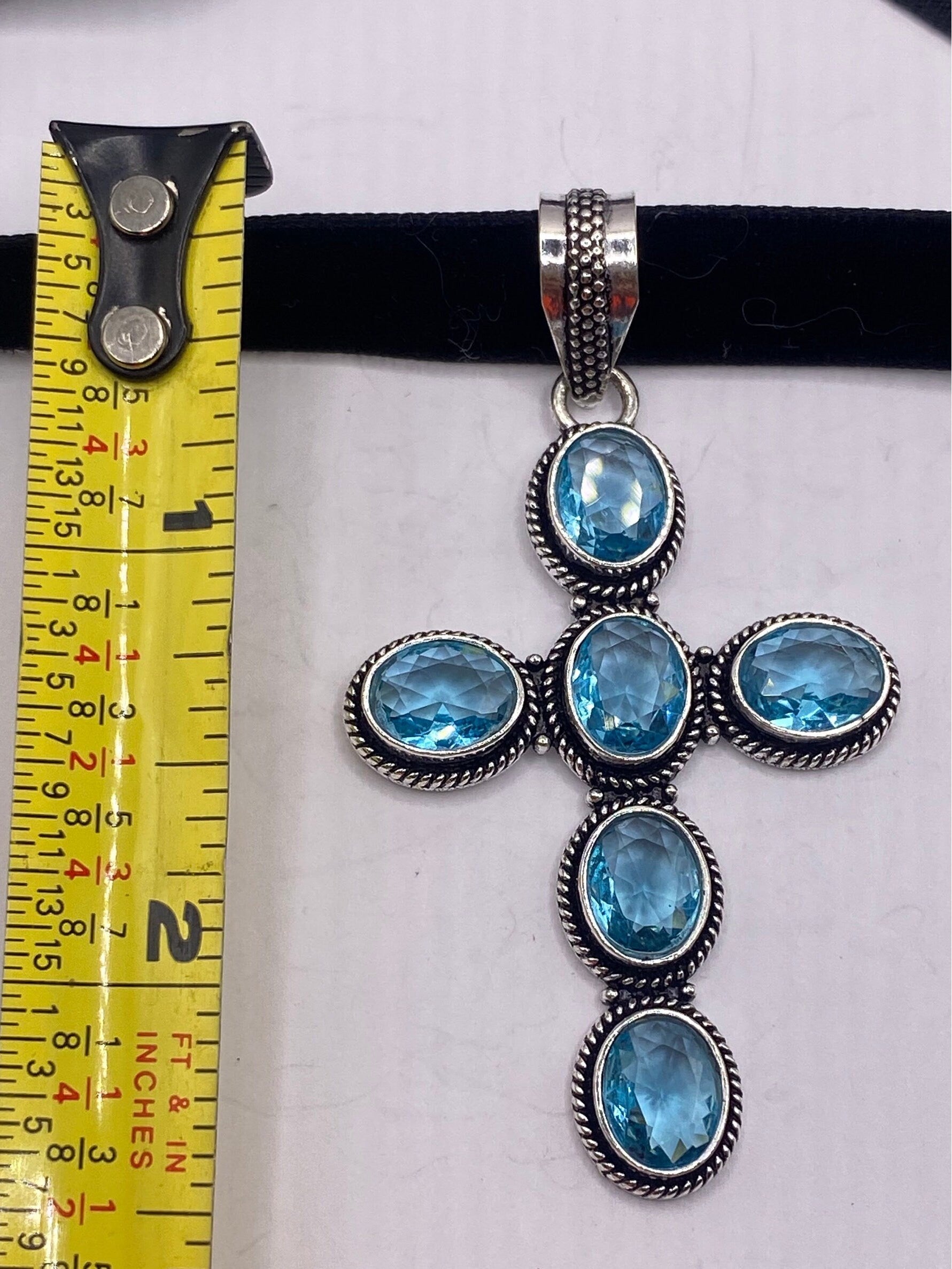 Vintage Aqua Blue Topaz Cross Choker Necklace