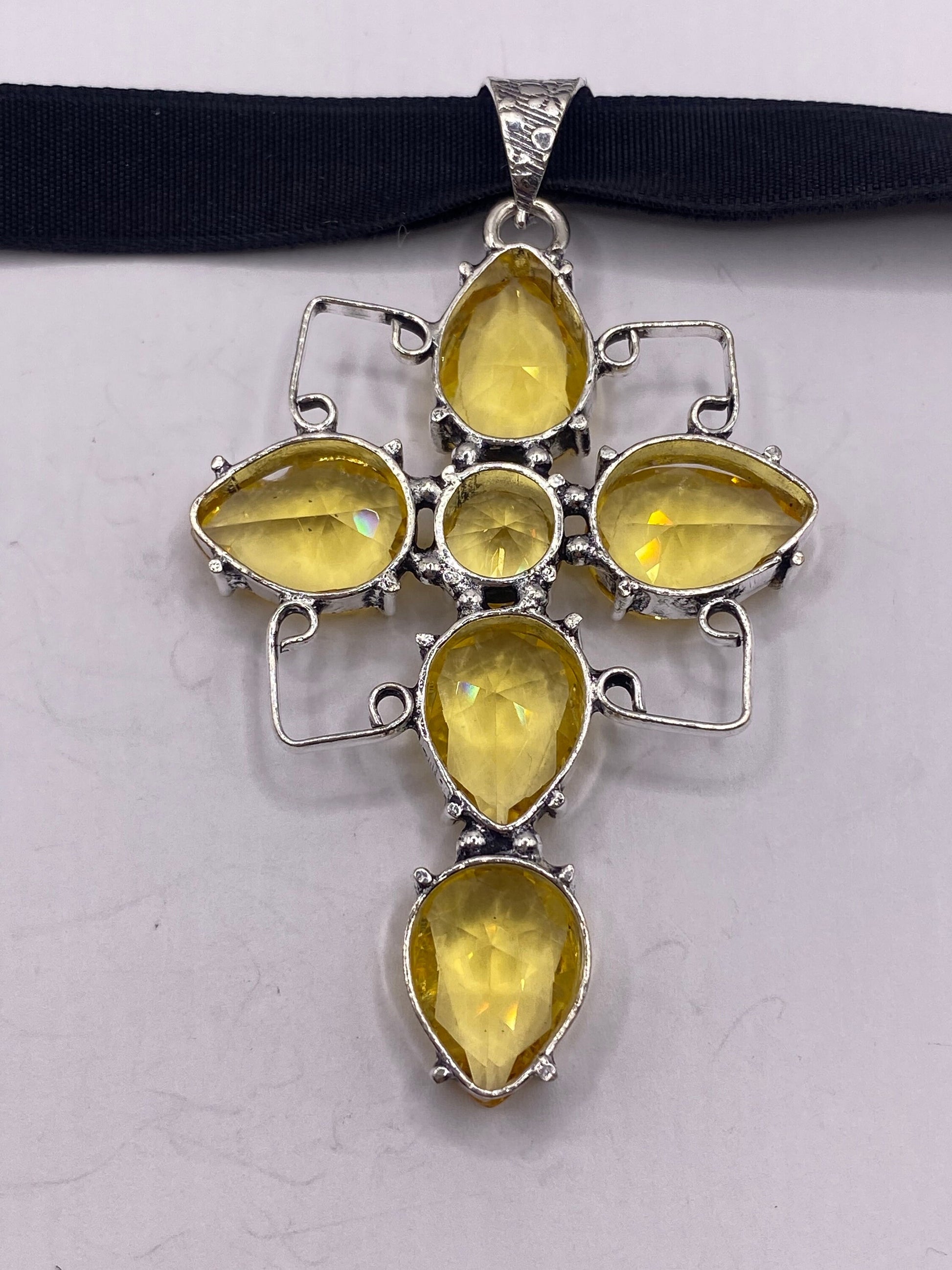 Vintage Golden Yellow Glass Cross Choker Necklace